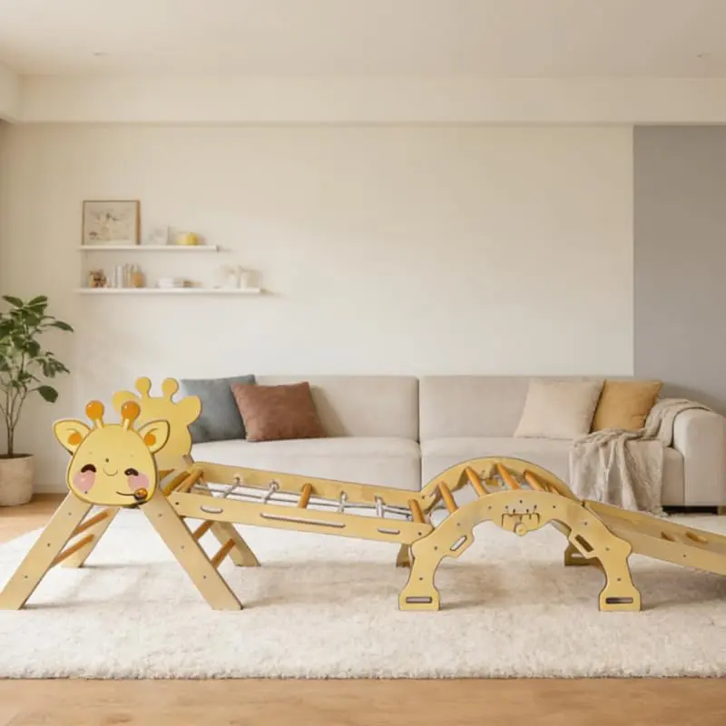 【GARVEE】Deluxe Non-Toxic Plywood Collapsible 4-in-1 Wooden Toddler Triangle Climbing Set with Ramp, Arch & Rocking Function, Indoor Playroom Jungle Gym for Ages 1-3, Supports Cognitive/Gross Motor Skills, Animal Recognition, Toddler Slide Set, Multifuncti