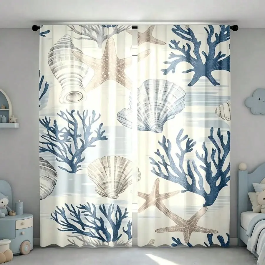 2-Piece Printed Curtain Set, Underwater Coral Shell Design, Elegant Room Window Curtains for Living Room and Bedroom Decor