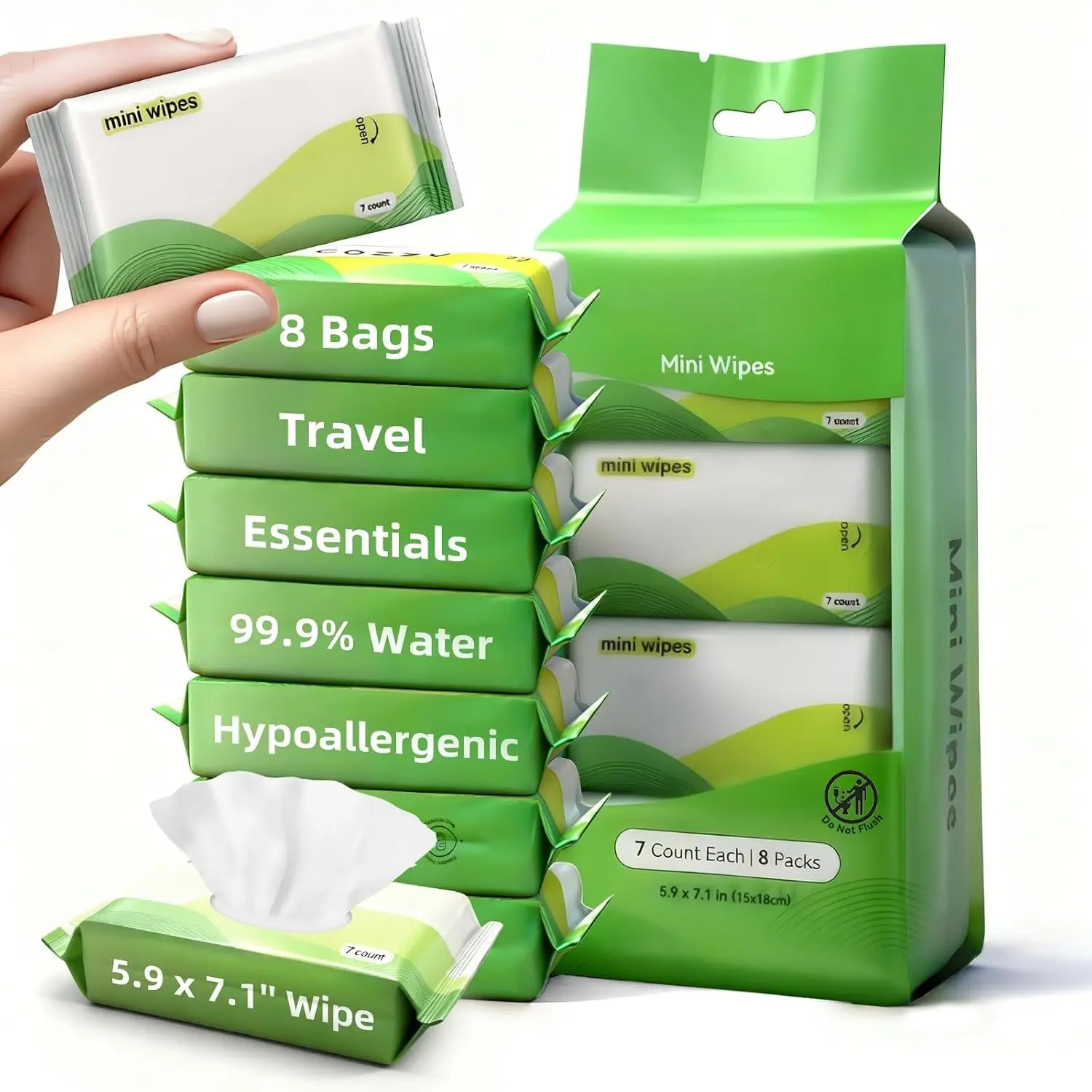 Ultra-Compact Mini Travel Wipes - Gentle & -Friendly, Unscented, -Free, Paraben-Free - Ideal for Adults,  &  - 8 Packs (56  Wipes)