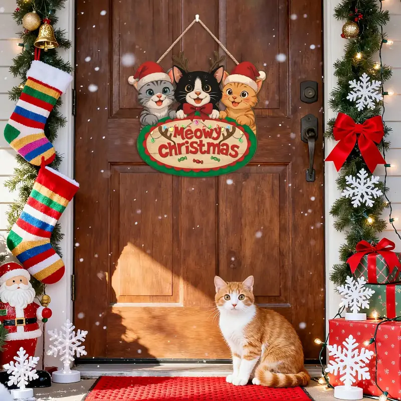 2D flat, 1 piece of wooden Christmas sign, party wreath ornament, perfect Christmas gift, home decor, cute wooden cat Christmas plaque, meow Christmas door sign, cat Christmas wreath, snowflake Christmas tree wall decoration