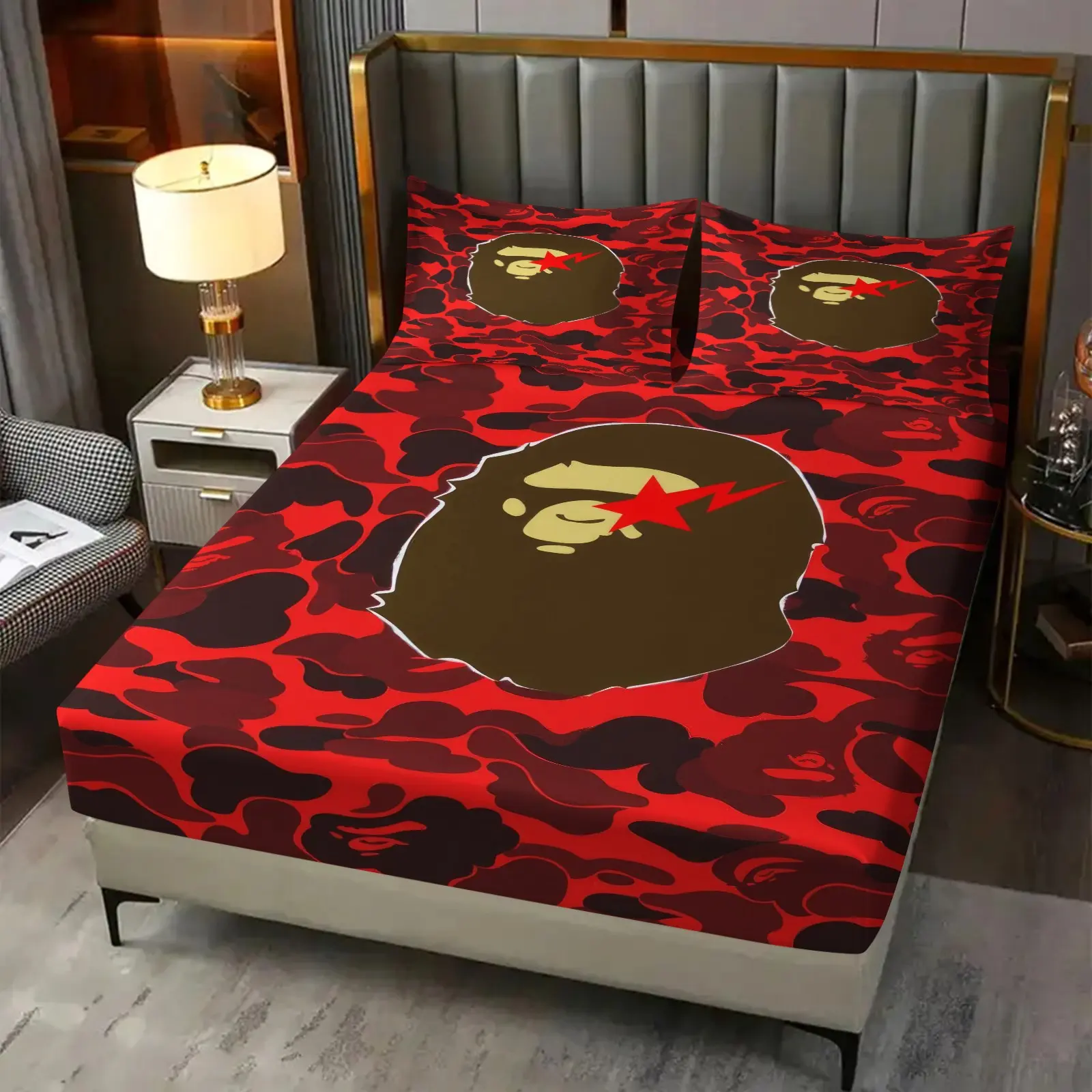Bright Red Camo Cartoon Monkey Head Red Star Full Print 3‑Piece Fitted Sheet Set, No Filling Included, Polyester Bedding Set, Teen Guy Bedroom Decor, Red Camo Monkey Bedding Set, Streetwear Room Decor, Bedsheets