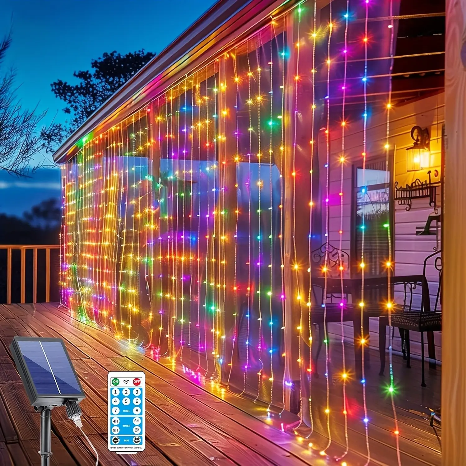 Upgraded Solar Curtain Lights 300 LED Waterfall Light with 8 Modes Remote USB Rechargeable Dimmable Timer Twinkle Fairy String Lights for Outdoor Christmas Gazebo Party Wedding Window