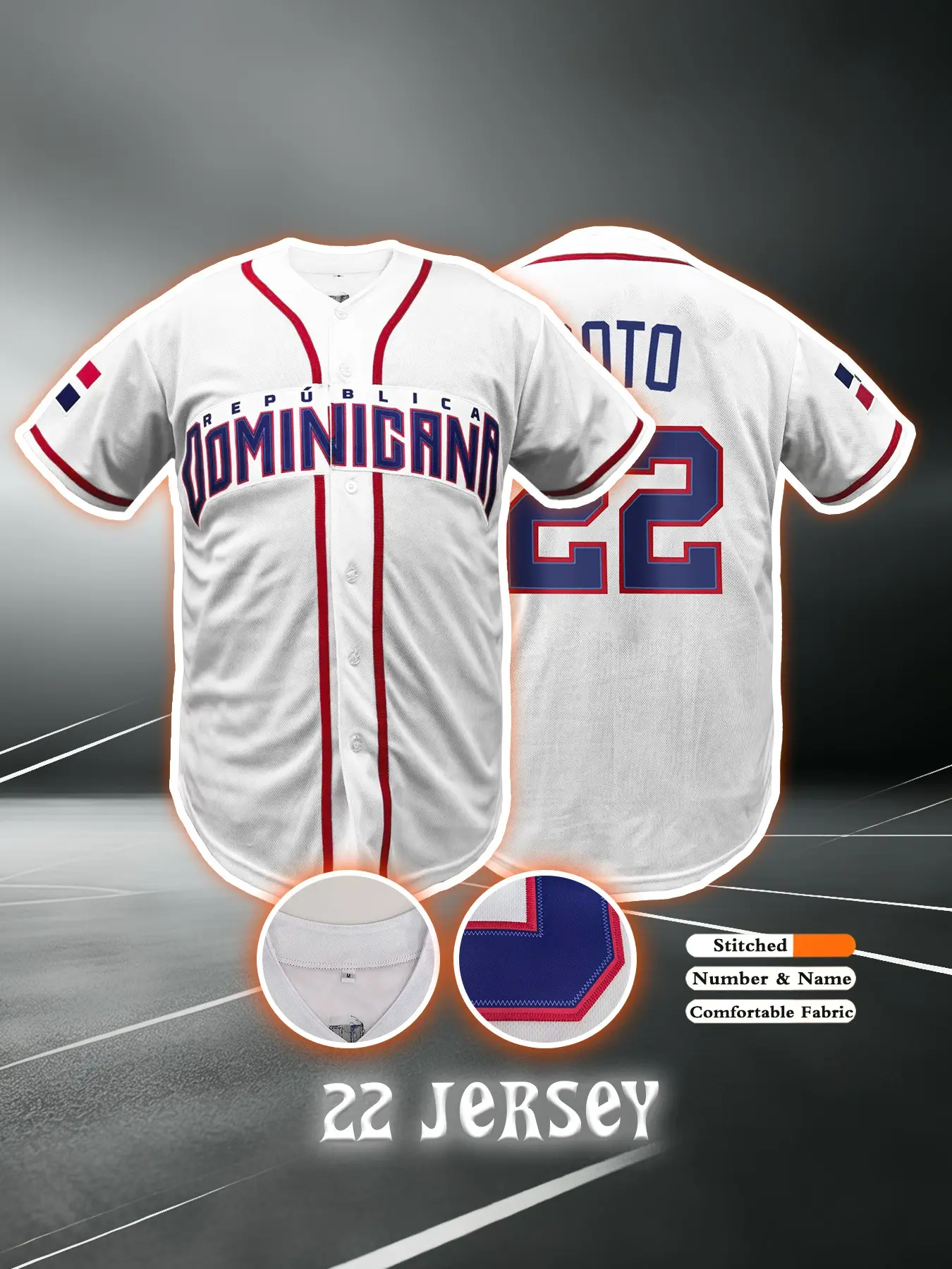 Dominican Baseball Jersey, Embroidered Design, Casual Short Sleeve V-Neck, Breathable Sport Button-Up, Unisex, All Seasons, Athletic Tops, Fan Sportswear Top