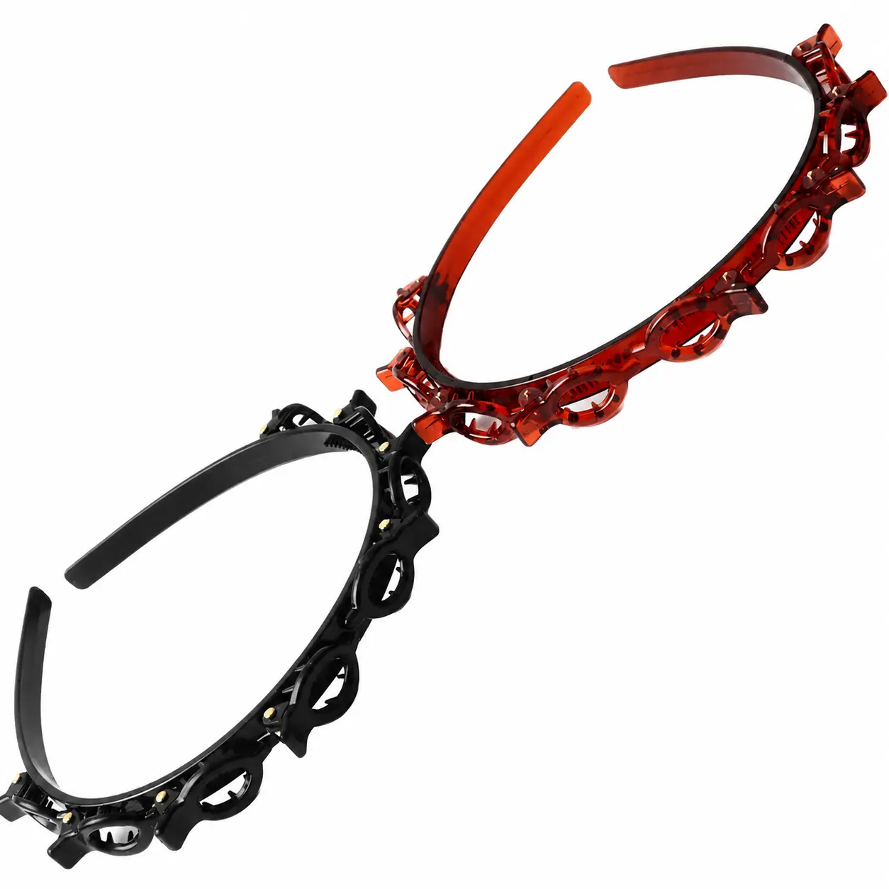 Lightweight and durable plastic braiding headband with built-in anti-slip clips for effortless hair styling—ideal for creating secure, long-lasting braided hairstyles; available in classic black and brown shades for women and girls.