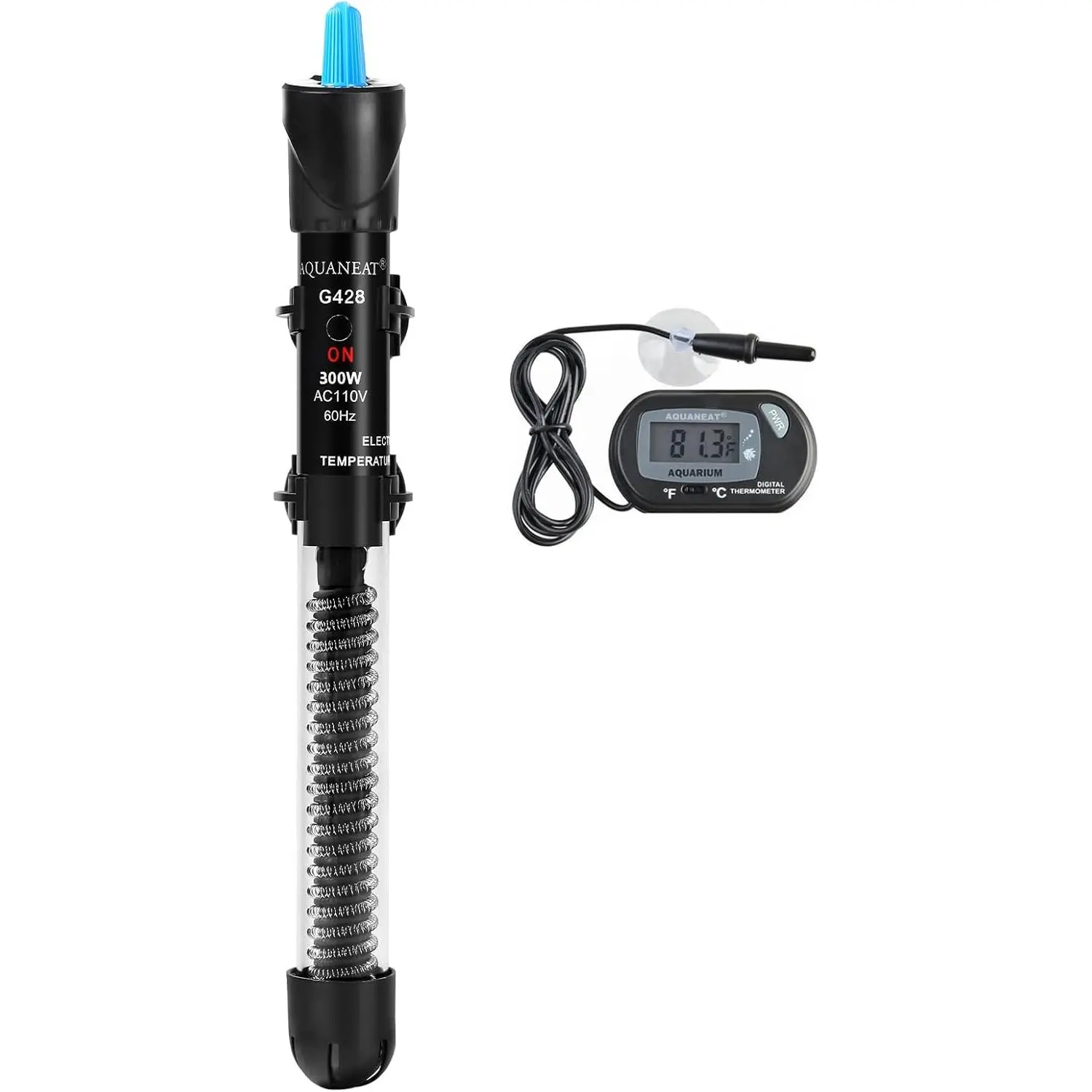 300W Submersible Aquarium Heater for 40-75 GAL Fish & Turtle Tanks, Adjustable Thermostat with Auto Shutoff, Digital Display, Easy Temperature Control (65°F-89°F), 11.5 in, 6 ft, Fish Tank Digital Thermometer, 2 Suction Cups, 0.85 in x 0.85 in