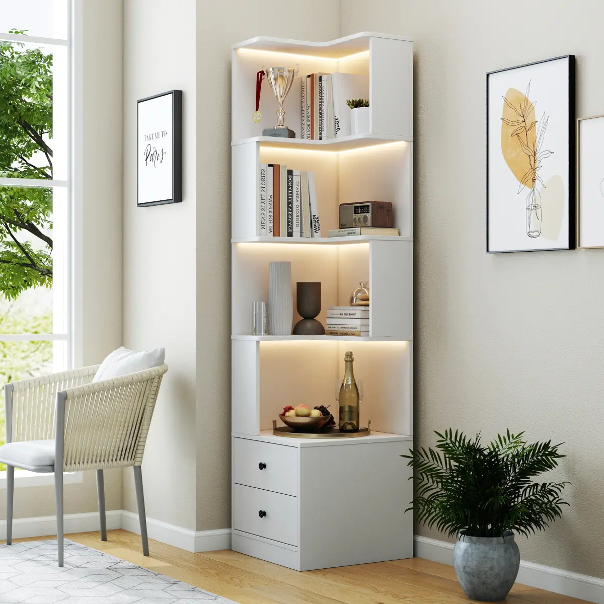 Dufominc L-Shaped 4-Tier LED Corner Bookshelf with Drawers & Baffle, Freestanding Corner Shelves Storage Cabinet for Small Spaces, Living Room Decor