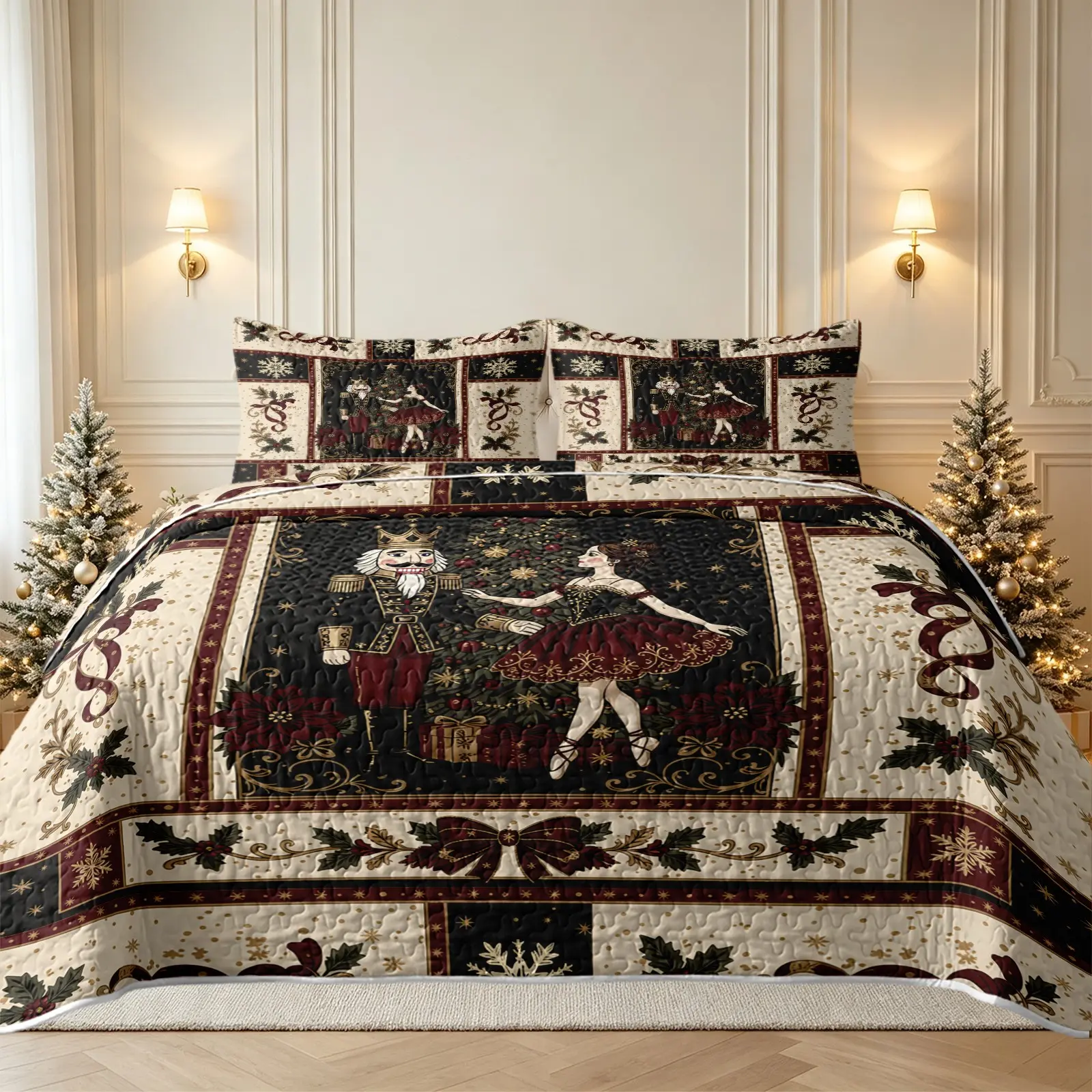 3Pcs Nutcracker Ballerina Christmas Patchwork Quilt Set Includes 1 Quilt and 2 Pillowcases, Printed Bedding Set, Christmas Tree Snowflake Poinsettia Print Christmas Style Reversible Lightweight Bedding No Inner Filling All Season