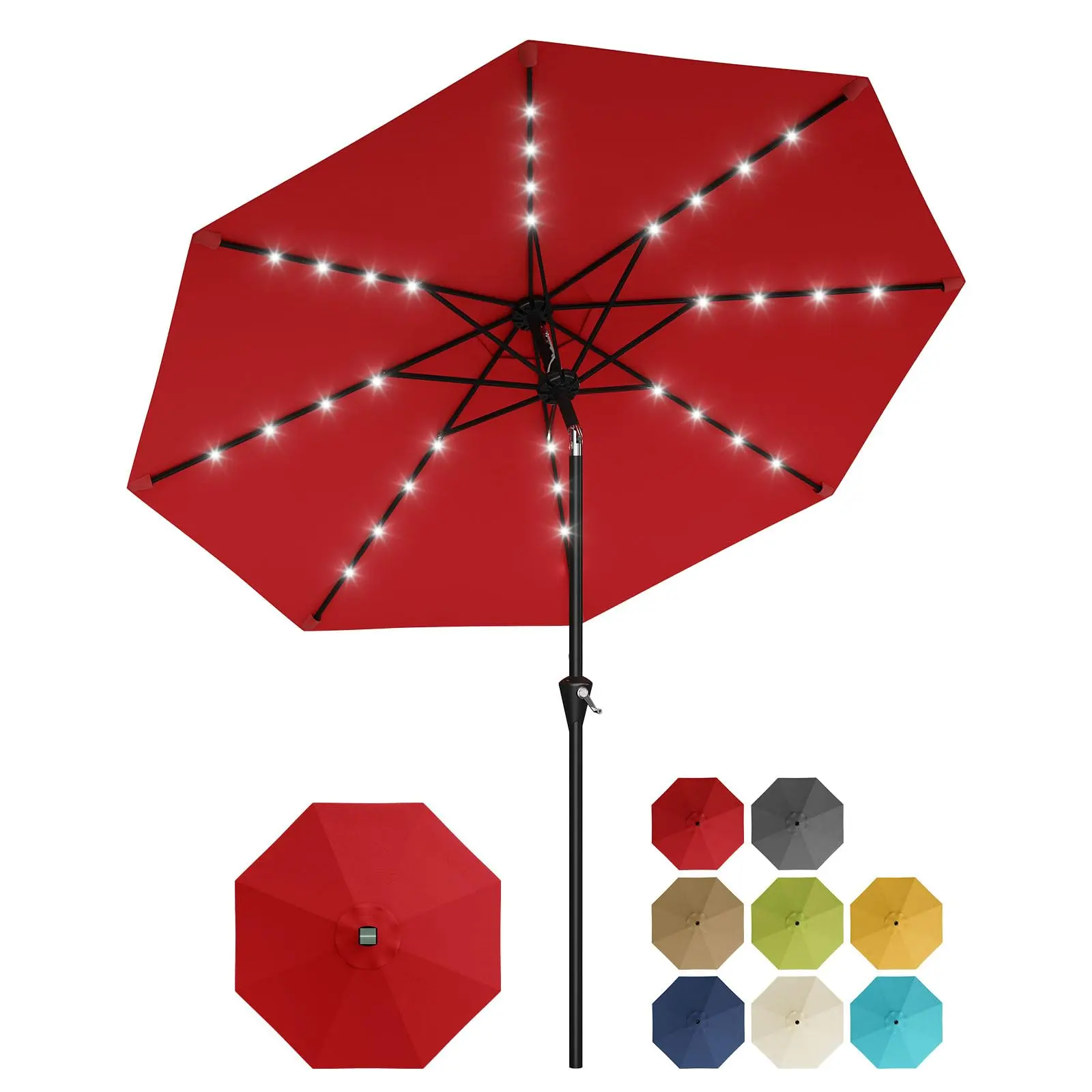 10FT Solar LED Patio Umbrella - Waterproof, UV-Resistant, Tilt Function, 8 Sturdy Ribs, Iron Pole - Outdoor Market Parasol for Garden, Pool, Café - Red/Yellow,sombr