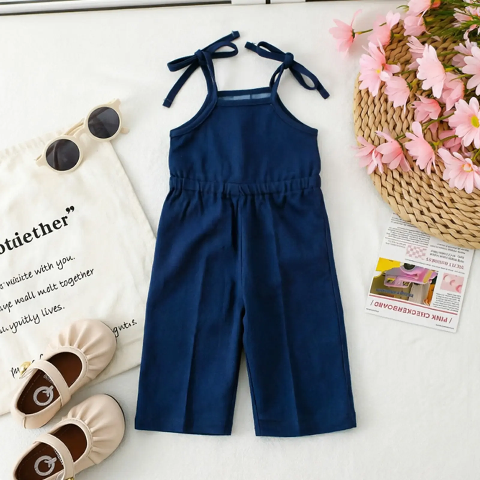 Girls' Solid Cotton Denim Jumpsuit - Sleeveless High-Waist Long-Pant Overalls, Casual Outdoor Daily Outings Clothing, Outdoor Ready Kids' Fashion