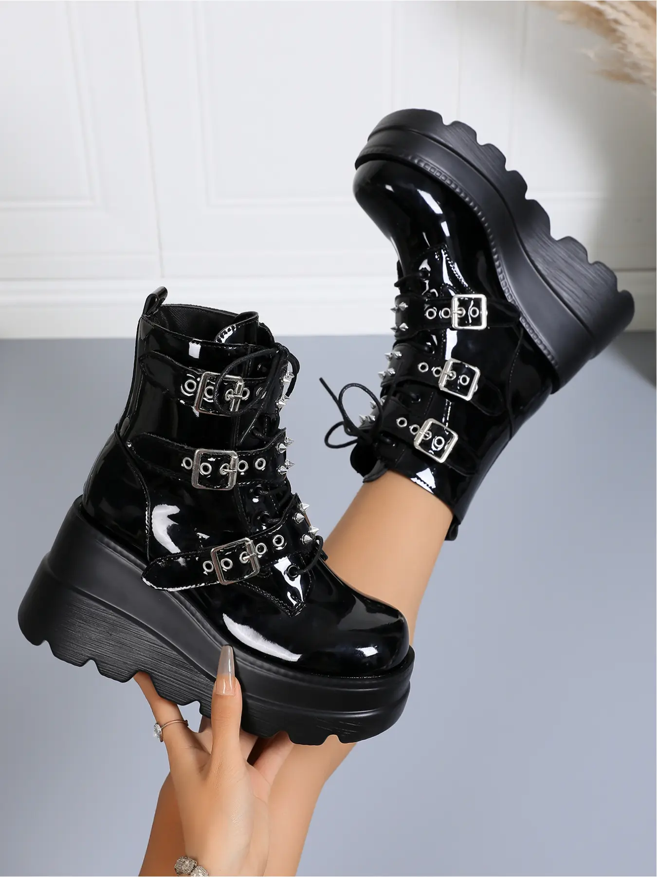 Women Spiked Rivet Triple Buckle Platform Ankle Boots Glossy Patent Leather Round Toe 9CM Lift Gothic Punk Lace Up Street Chunky Boots