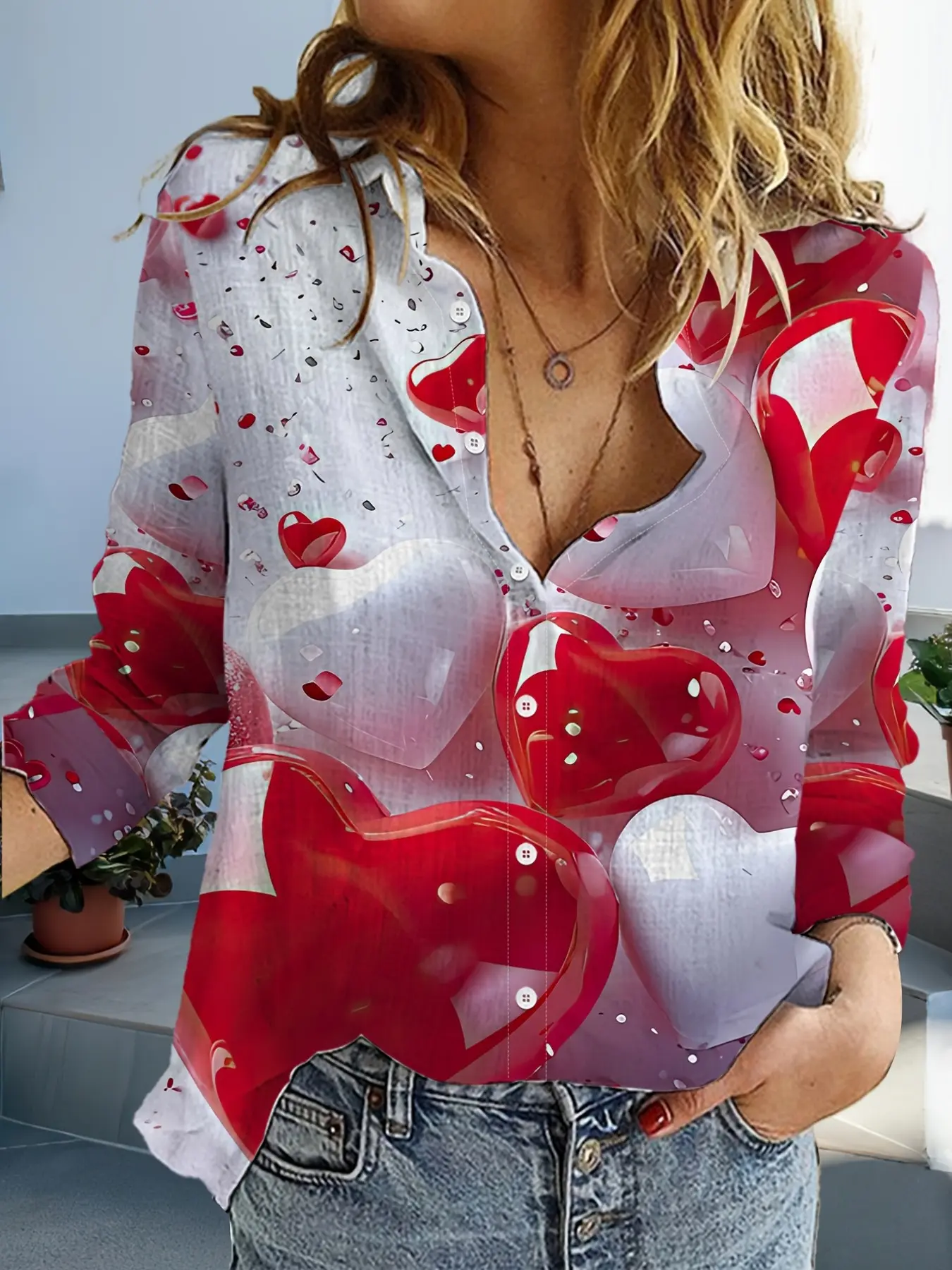 2026 New Women's Gradient Transparent Heart Print Blouse, Valentine's Day Atmosphere Shiny Heart Collar Loose Fit Long Sleeve Shirt