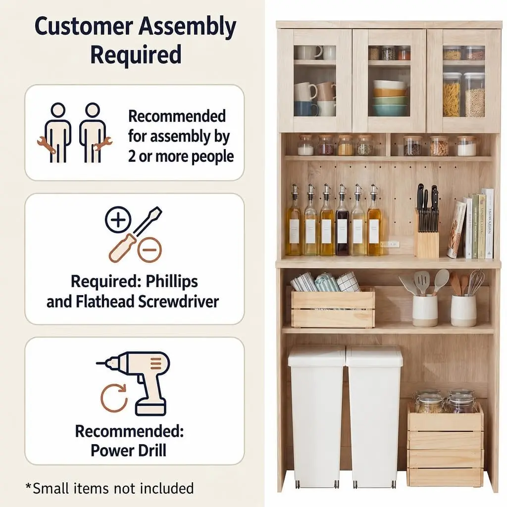 Slim Kitchen Cabinet with Glass Doors, Slide Shelf, Trash Bin Rack, Microwave Stand – 90cm Wide Space-Saving Oak Buffet