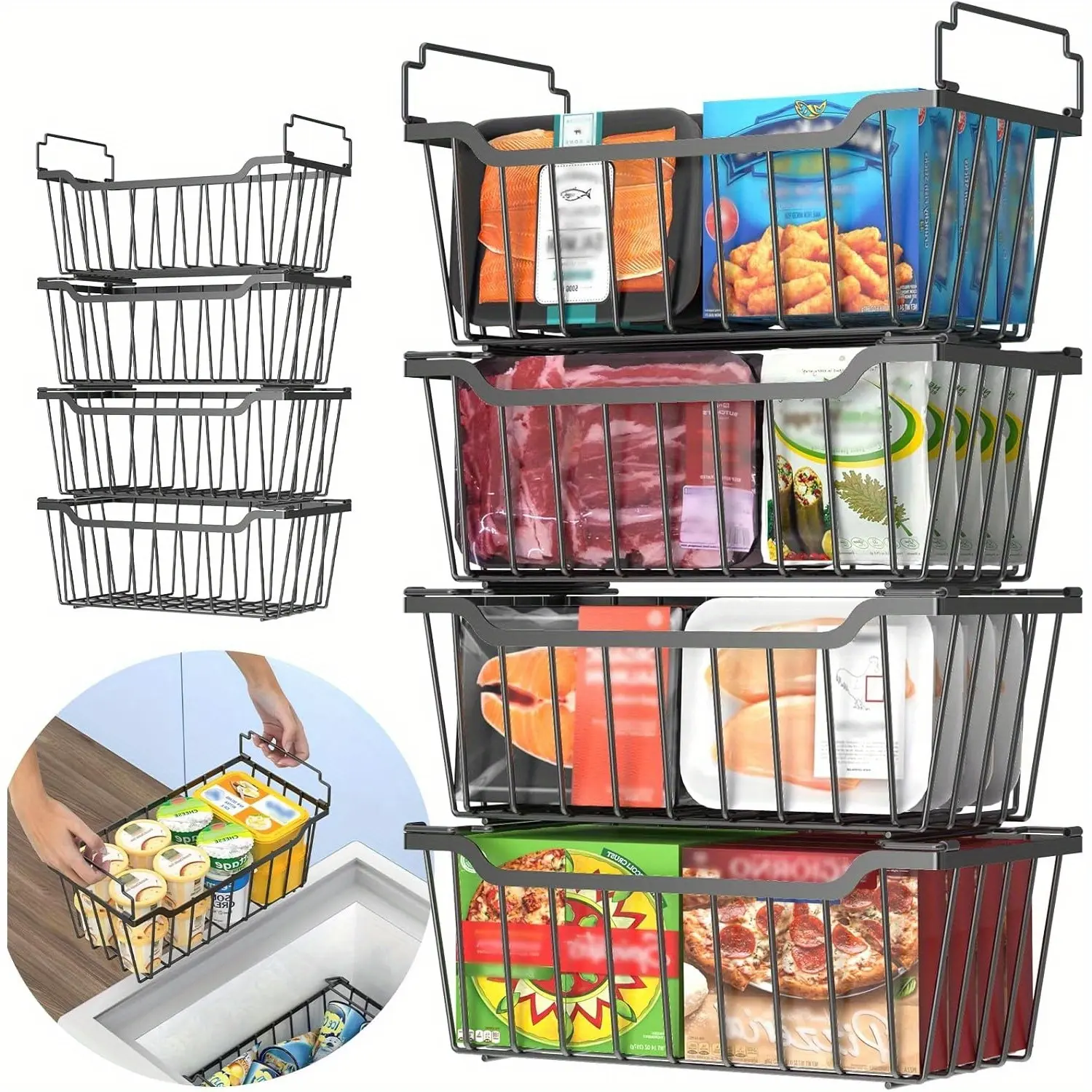 4-Pack Freezer Organizer Bins - Stackable And Foldable Handle Metal Storage Baskets for Deep Chest Freezer Organization (3.5-7 Cu.Ft) - Enhanced Space Utilization