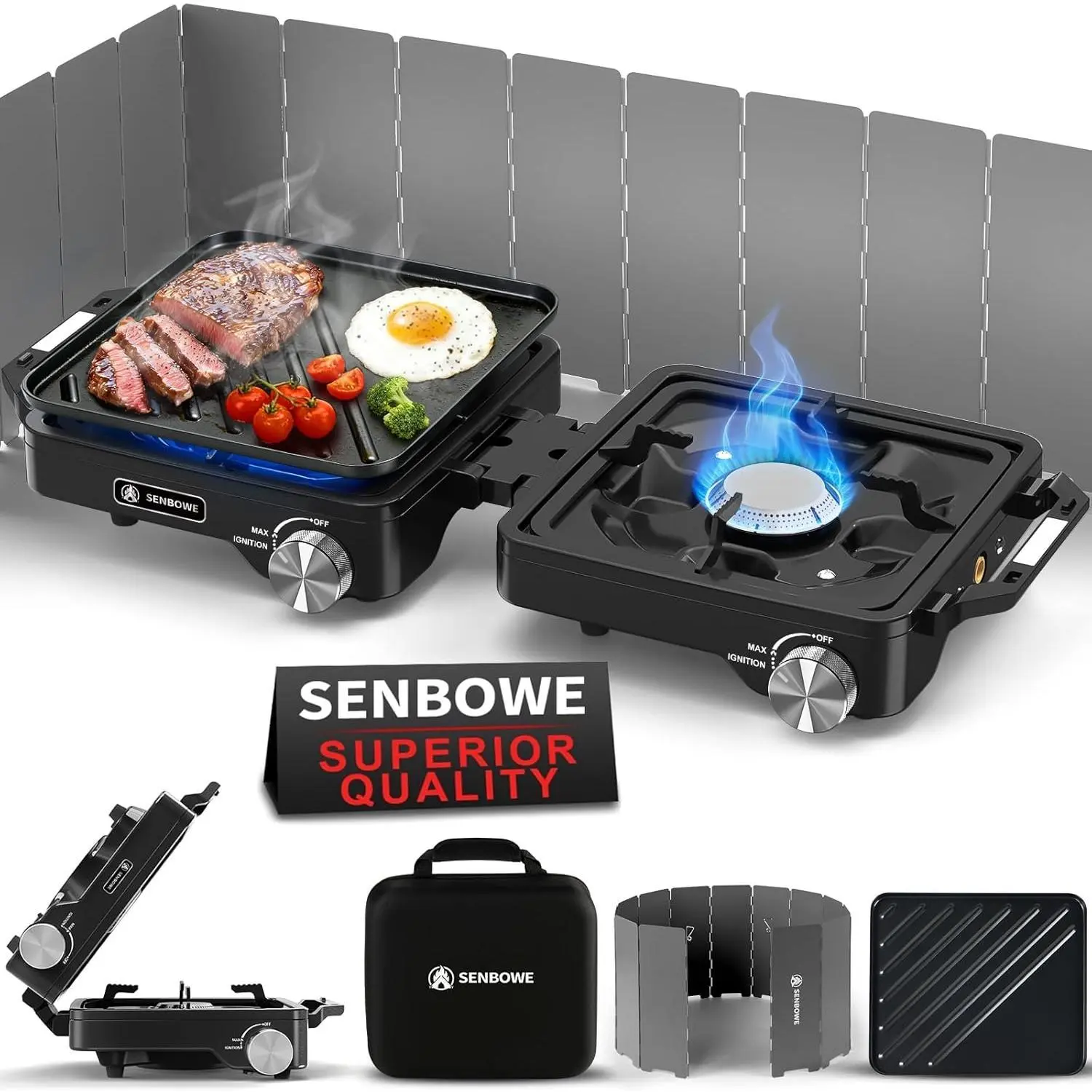 2-Burner Pro Propane Camping Stove (24000 BTU) - Foldable Outdoor Cooking Stove with Carry Bag, Windscreen, Griddle, Outdoor Cooking Accessories, Camping Essentials (Black)