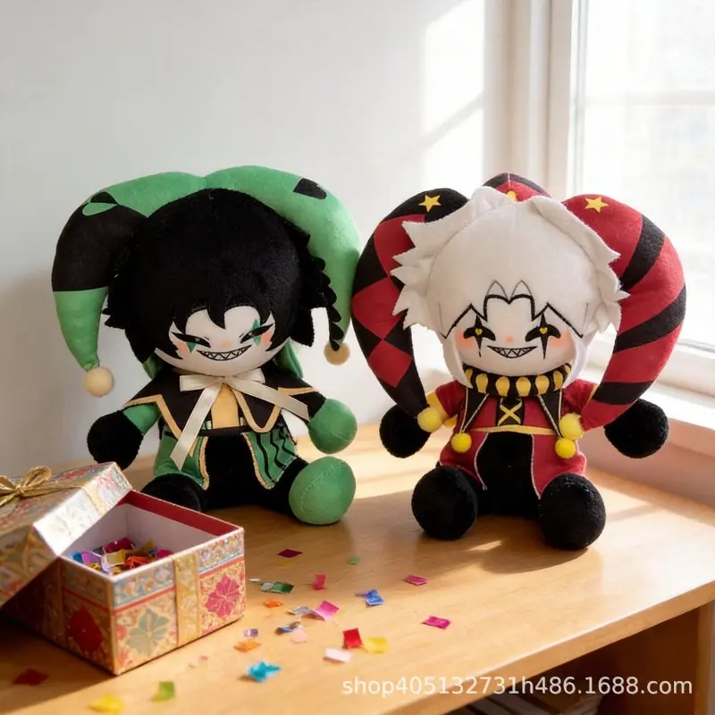2 Pack Circus Clown Jester Plush Doll Full Set Black Hair Green Jester Hat White Hair Red Black Checkered Hat Big Grin Teeth Q Cartoon Character Stuffed Toy Soft Squishy Decor Gift For Teens Carnival Circus Themed Birthday Party Favor Cross-Border Wholesa