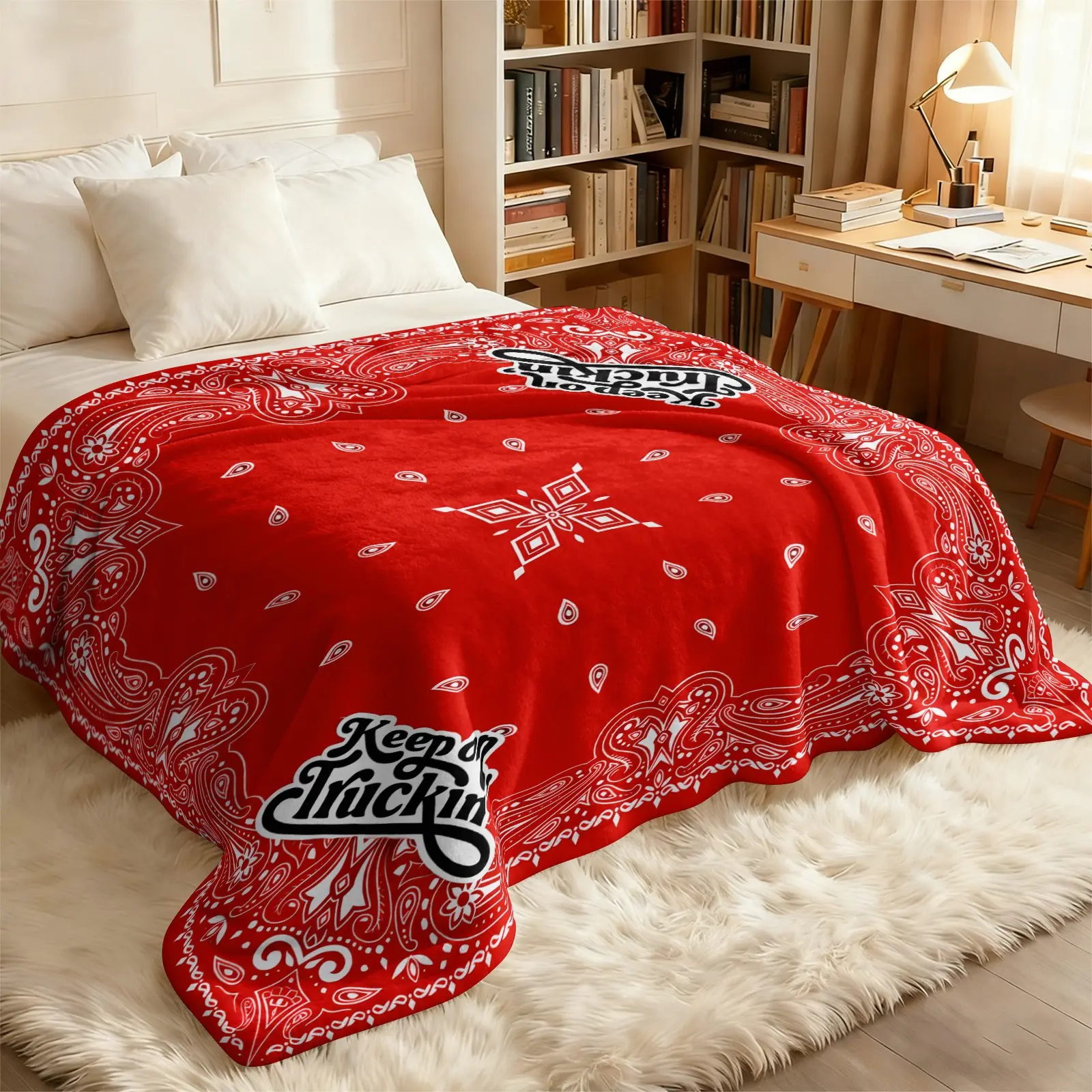Vibrant Red Paisley Bandana Floral All Over Print Flannel Throw Blanket, Ultra Soft Lightweight Warm Cover for Bedroom Bed, Sofa, Couch, Office Napping, All Season Universal Household Decor Bedding