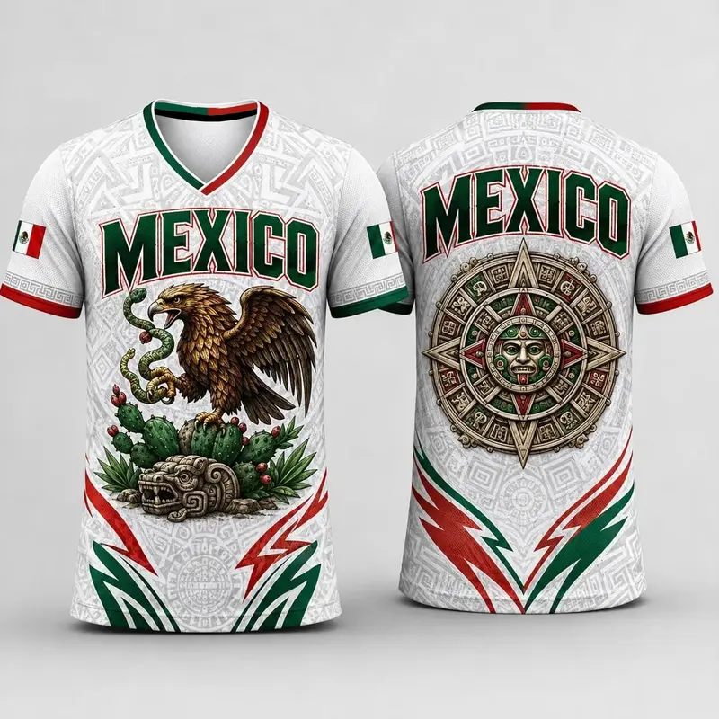 Mexican Style V-Neck Short Sleeve T-Shirt, Casual Sports Tops, Sports Tees, Sportswear, Eagle & Snake & Cactus Pattern, Casual Football Tee for Fan