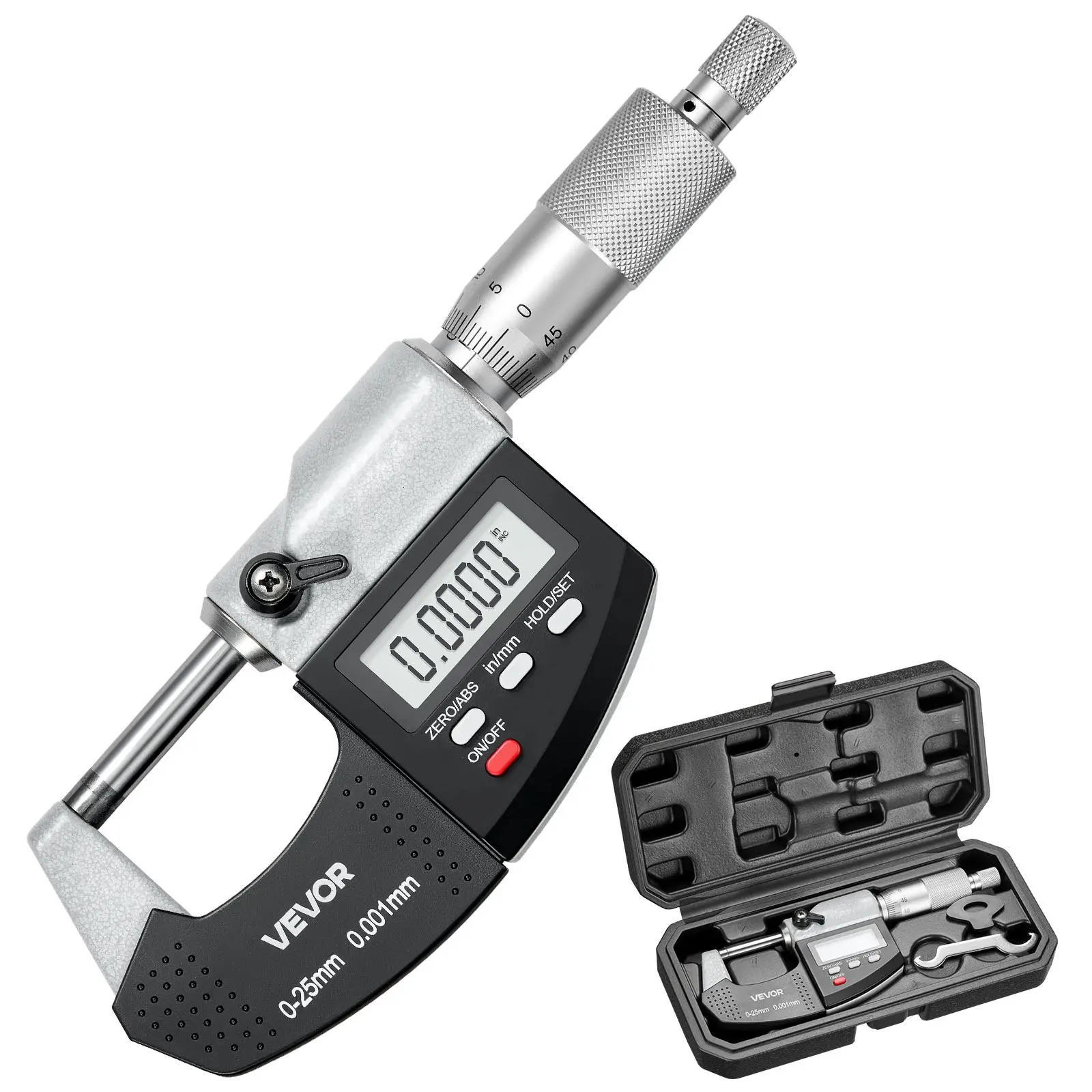 VEVOR Micrometer Set, Digital Outside Micrometer 0-1 inch Measuring Range, 0.00005" Resolution, Ultra-Precision 0.0001 Accuracy, LCD Screen, in/mm Switch, Carbide Tip, with Protective Case, 1 Micrometer, 6.49 X 2.36 X 0.98 In/165 X 60 X 25 Mm