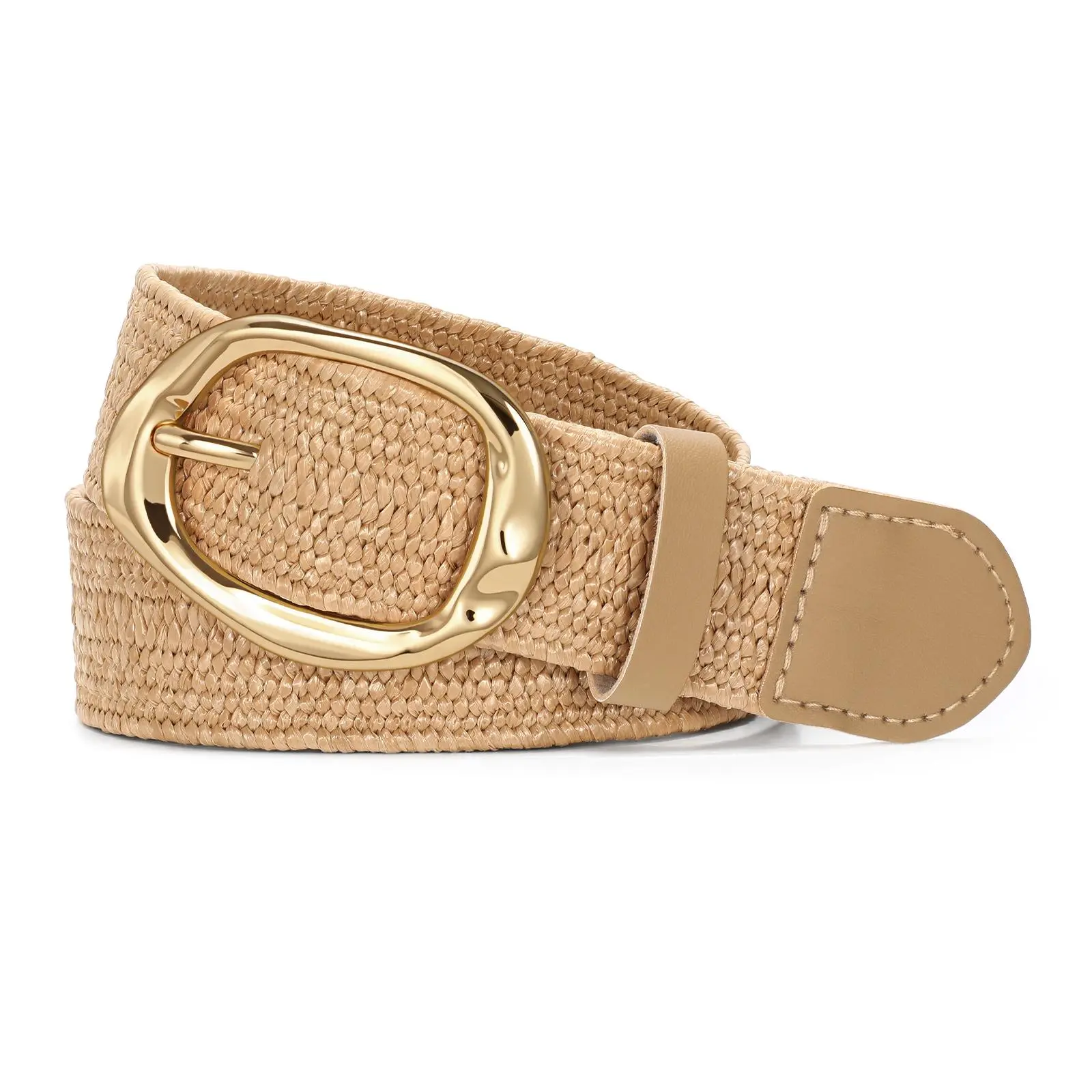 JASGOOD Women Straw Woven Elastic Belt for Dresses,Boho Rattan Braided Stretch Ladies Waist Belt with Gold Buckle