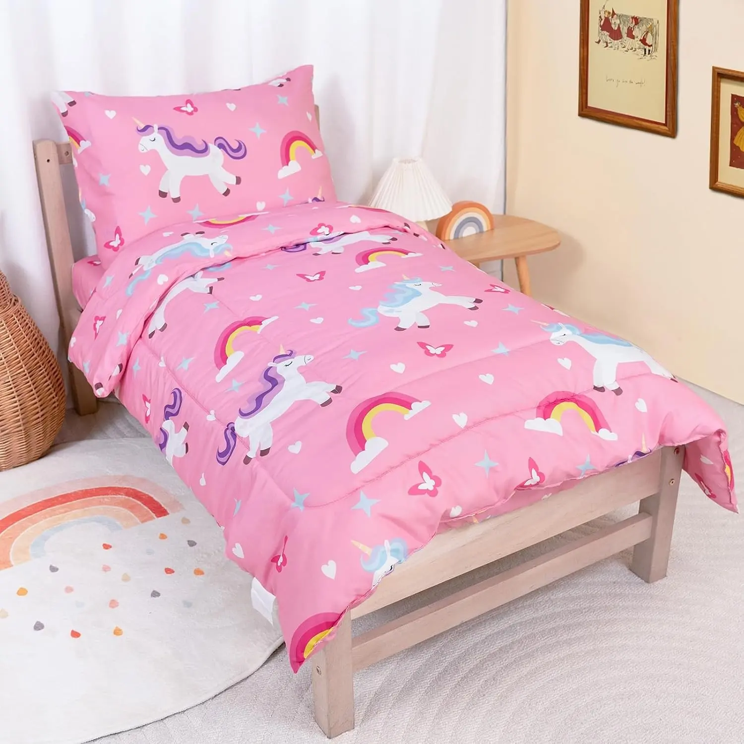 4-Piece Toddler Bedding Set for Girls - Pink Unicorn Comforter, Fitted Sheet, Flat Sheet & Pillowcase(Gift)