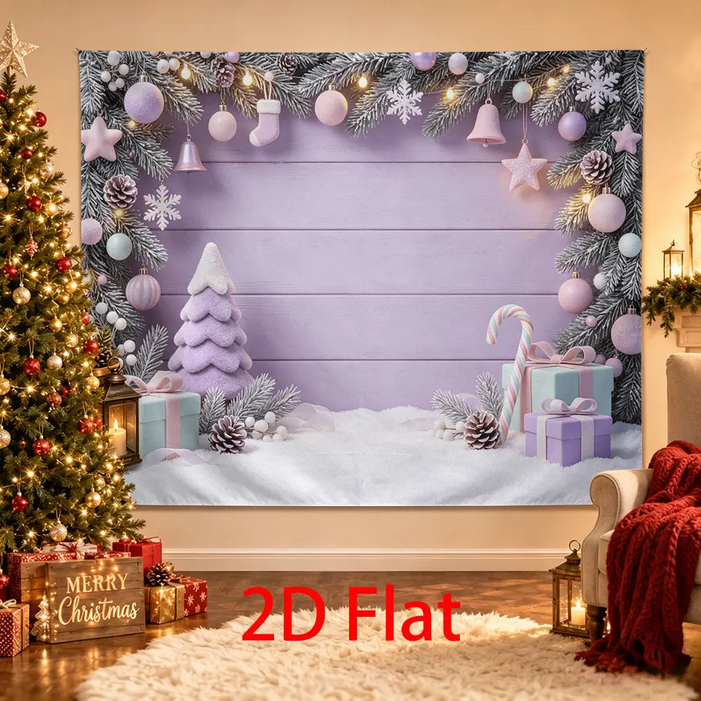 Pastel Purple Christmas Backdrop, Lavender Wood Photography Background with Frosted Pines, Stocking, Candy Cane, Gifts and Snowflakes