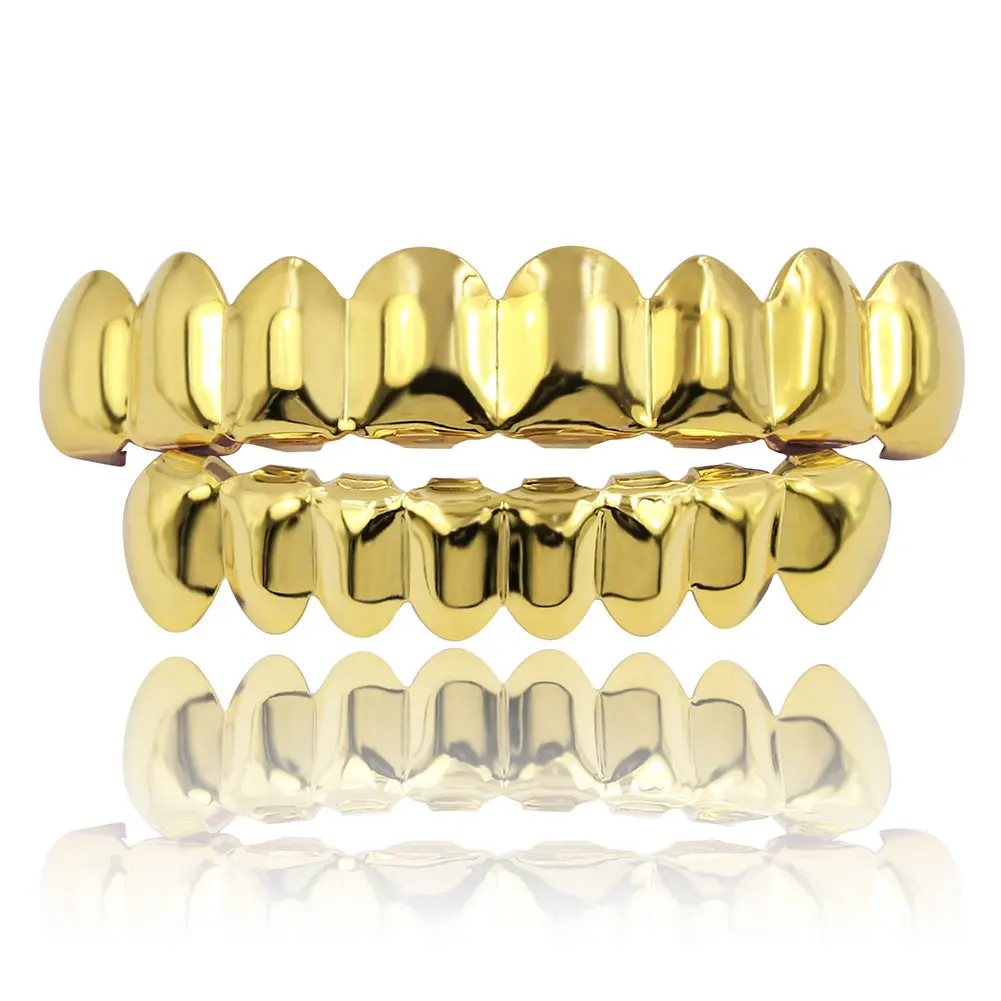 Gold Grillz Smooth Teeth Grillz, 8 Top & 8 Bottom Hip Hop Tooth Caps, Gold Silver Rose Gold Black Plated Removable Dental Grills for Rapper Costume Party