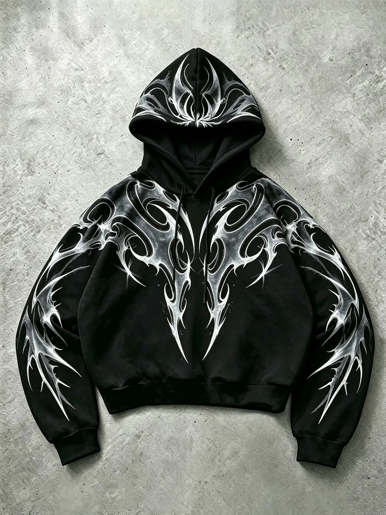 Y2K Gothic Cyber Sigilism Cropped Pullover Hoodie, Black White Tribal Graphic All Over Sleeve Print Drawstring Hooded Sweatshirt, Dark Grunge Streetwear Outerwear For Teen Youth Spring Daily Concert Skate Casual Outfit