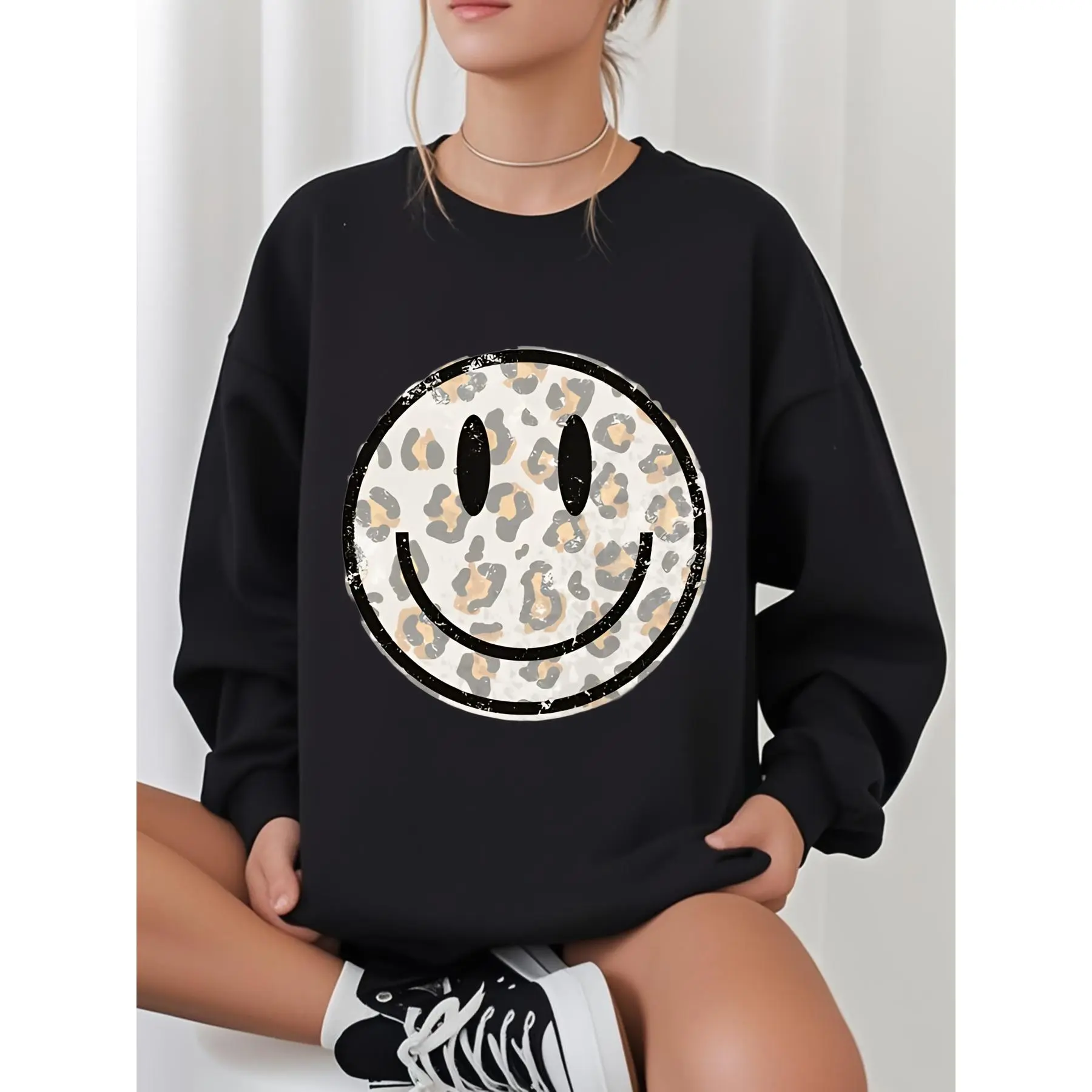 Leopard Print Sweatshirt - Vintage Style Distressed Design with a Smile - Trendy Pullover for Fashion Lovers