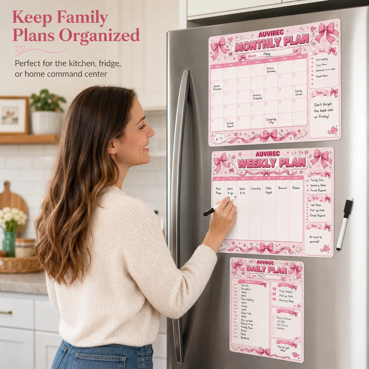 Auvirec 3-Piece Bow Pet Dry Erase Calendar Set, Reusable Family Schedule Board, Includes Marker, for Kitchen, Office, Refrigerator