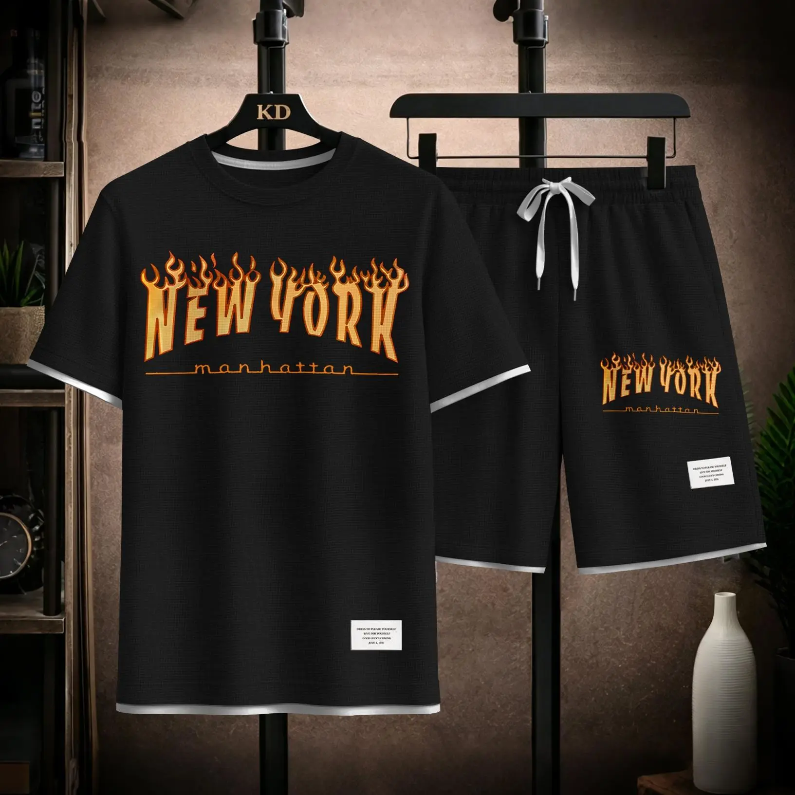 Men’s Streetwear Summer Set Featuring New York Flame Print, Oversized T-Shirt and Matching Shorts, Lightweight Fabric, Relaxed Fit Design. Bold fire graphic adds urban style, perfect for casual wear, travel, and everyday street fashion.