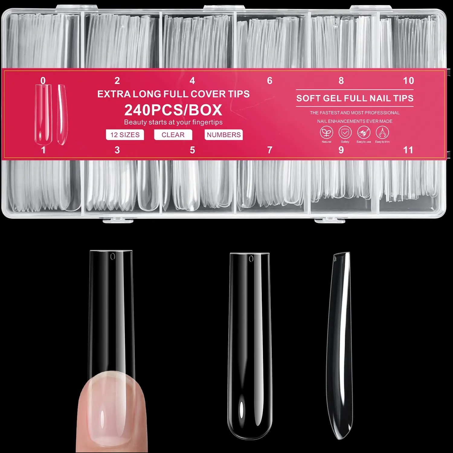 240pcs Transparent Super Long Square Press-On Nails, XXXLl Full Coverage False Tips, 12 Sizes, Nail Tips Art Salon Home DIY, Includes Box