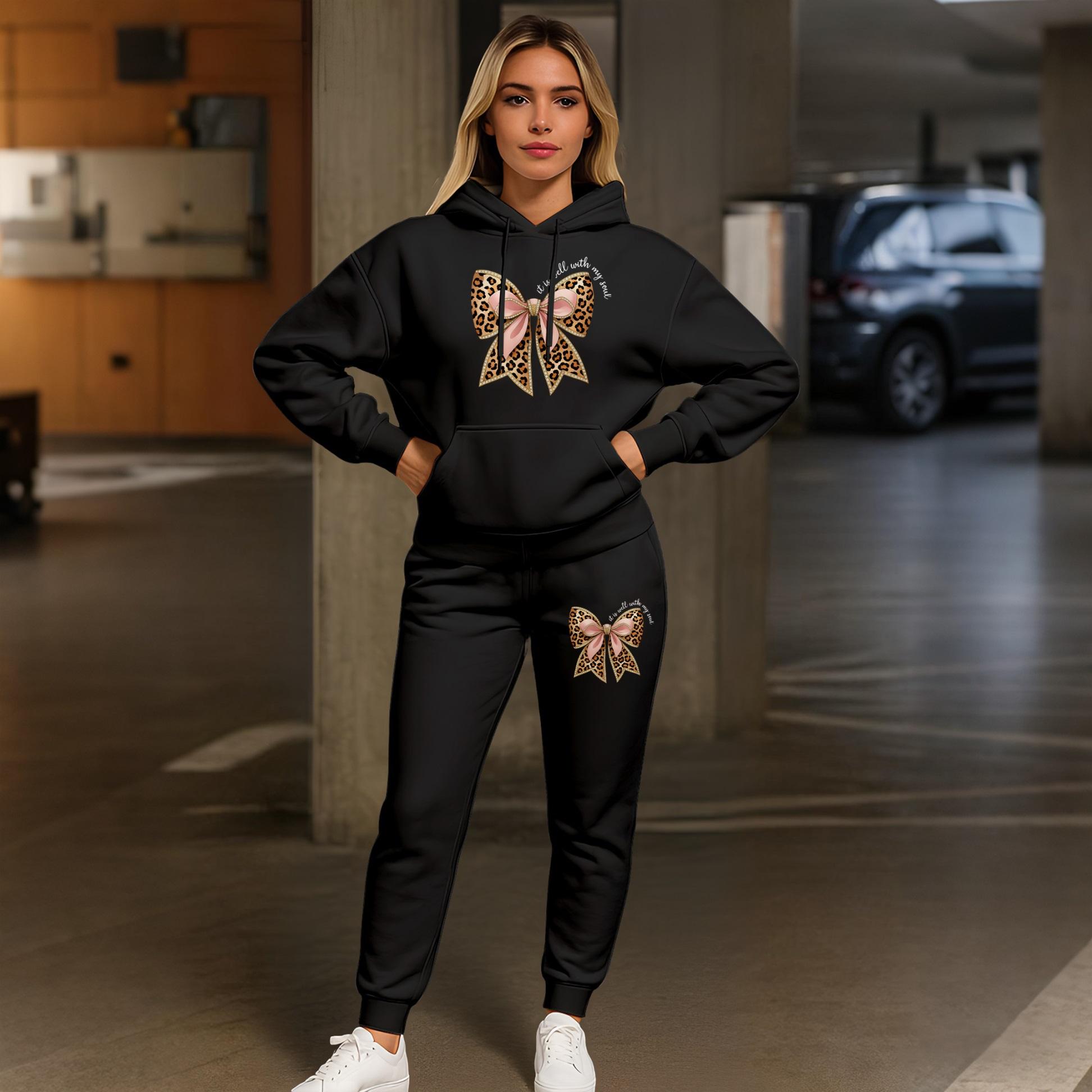 Women's Leopard Bow Print Hoodie And Drawstring Track Pants Set, Casual Sportswear, Long-Sleeved Hooded Jacket And Pants, Suitable For Autumn And Winter, Everyday Wear, Indoor And Outdoor Sportswear, Sportswear Set, Casual Sportswear.