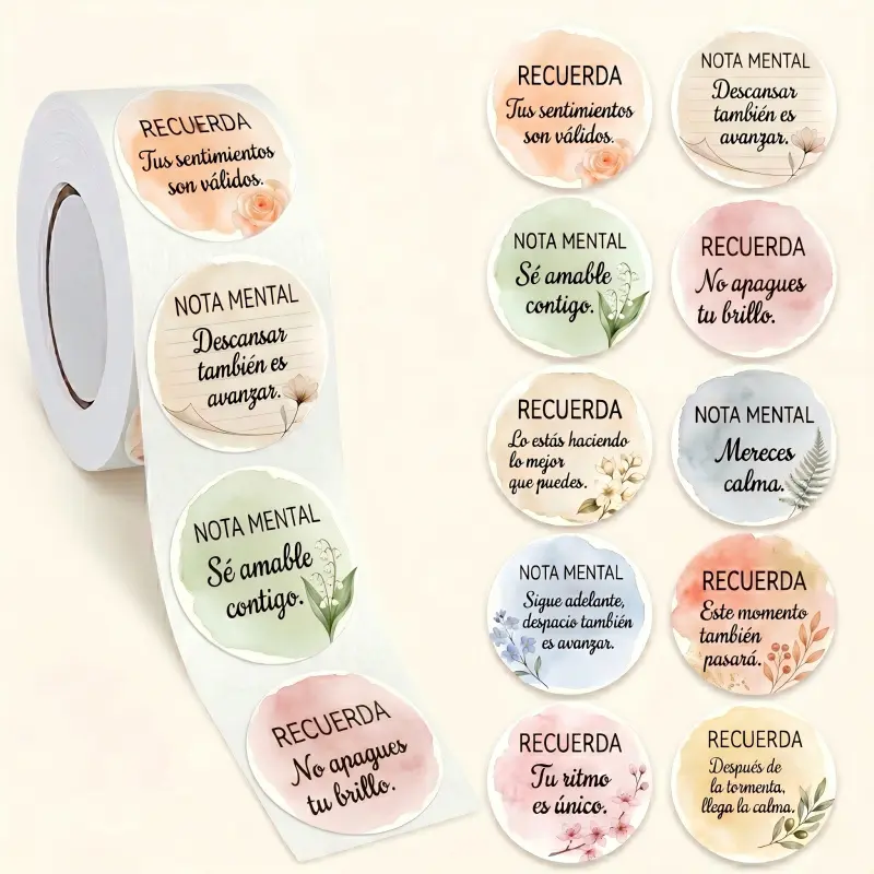 500Pcs/Roll Spanish Motivational Affirmation Stickers, Floral Mental Health Quote Decals for Planner Journaling, Self-Care Positive Reminders, Pegatinas de Motivacion para Adultos, Stationery Decor