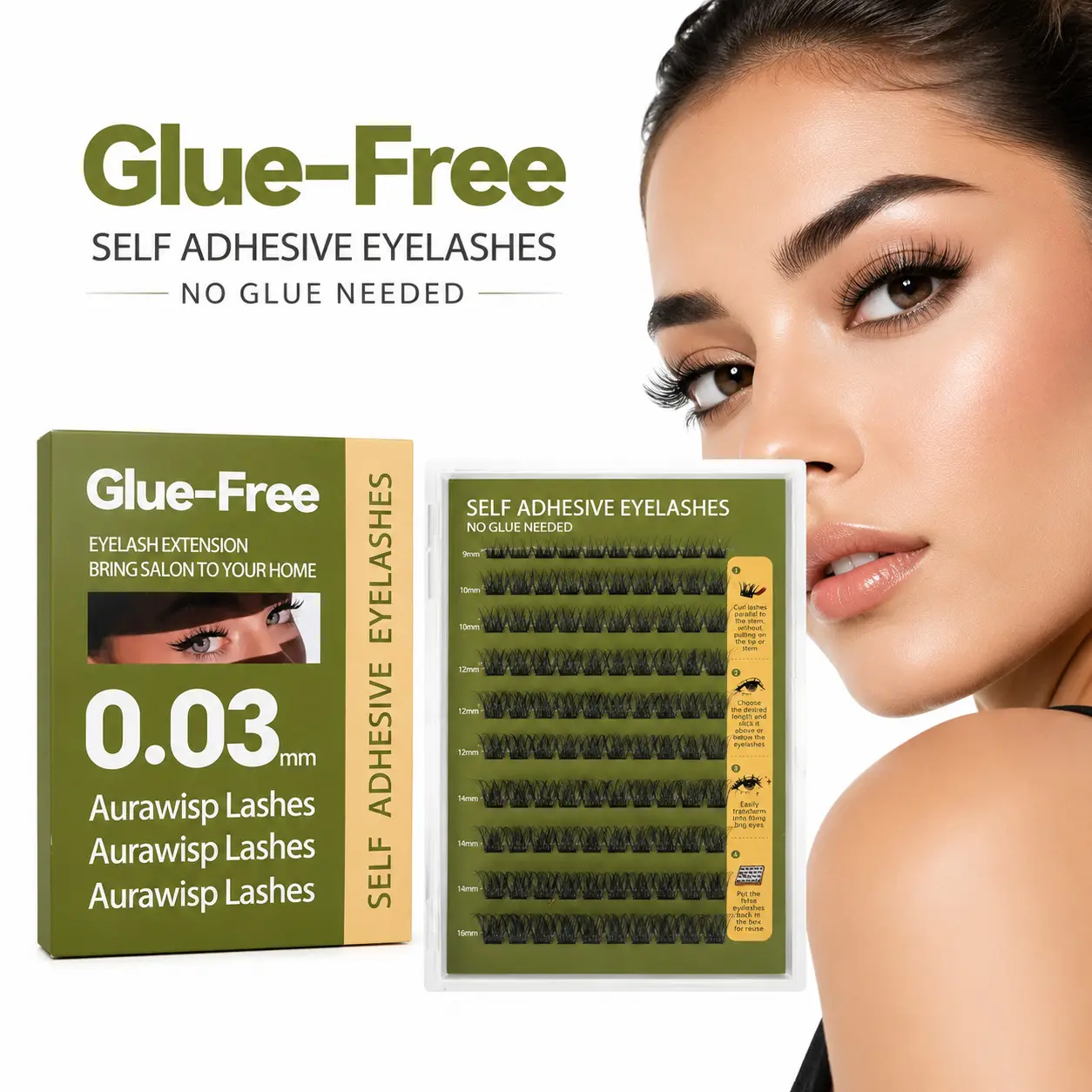 Glue-Free Cluster Eyelashes, 0.03mm Soft Wispy Self-Adhesive DIY Lash Extensions, Reusable Set with Mixed 9-16mm Lengths for Sensitive Eyes, Glue-Free Style, Acrylic Abs, Mixed Lengths