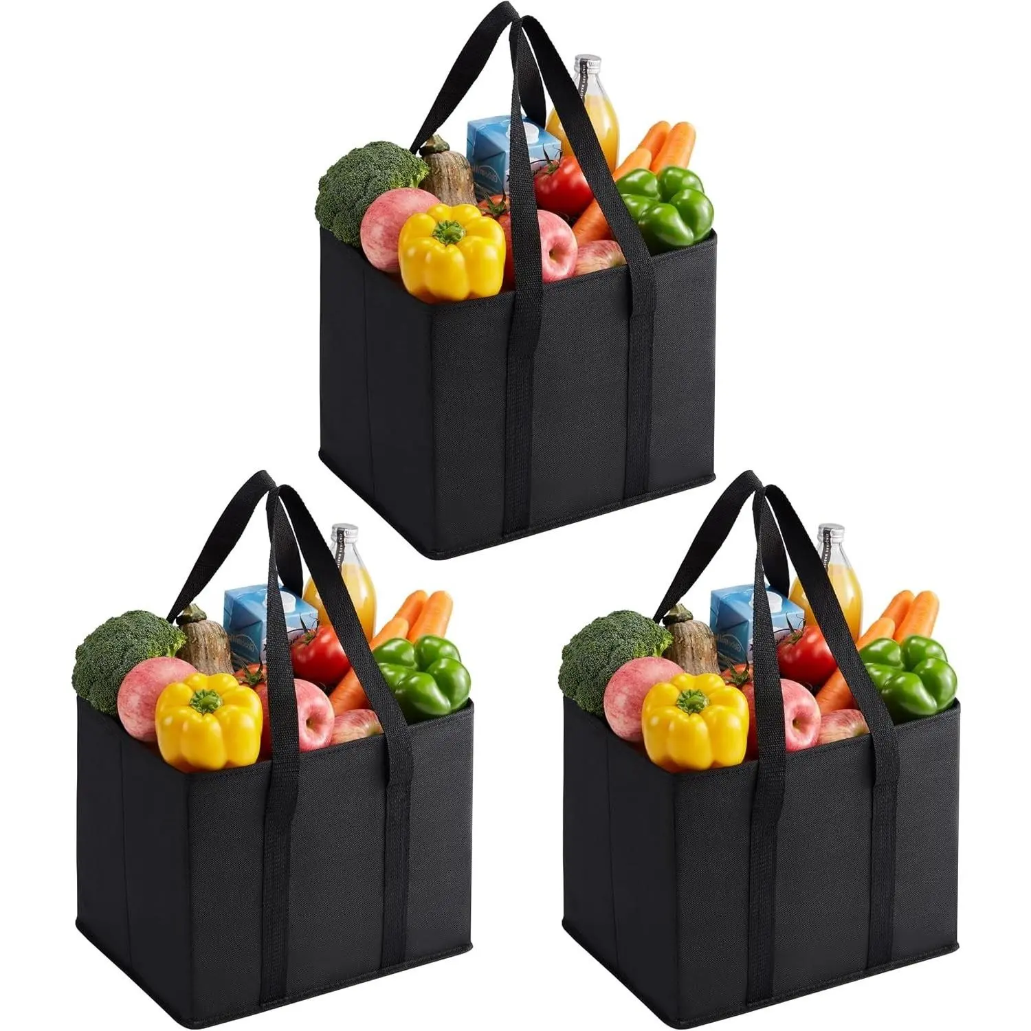 3 Pack Reusable Grocery Shopping Bags Utility Tote with Sturdy Handles, Heavy Duty Storage Box with Hard Bottom, Foldable Picnic Basket for Groceries Shopping Cart Trunk Organizer (Black, 6 Gallon)Gift