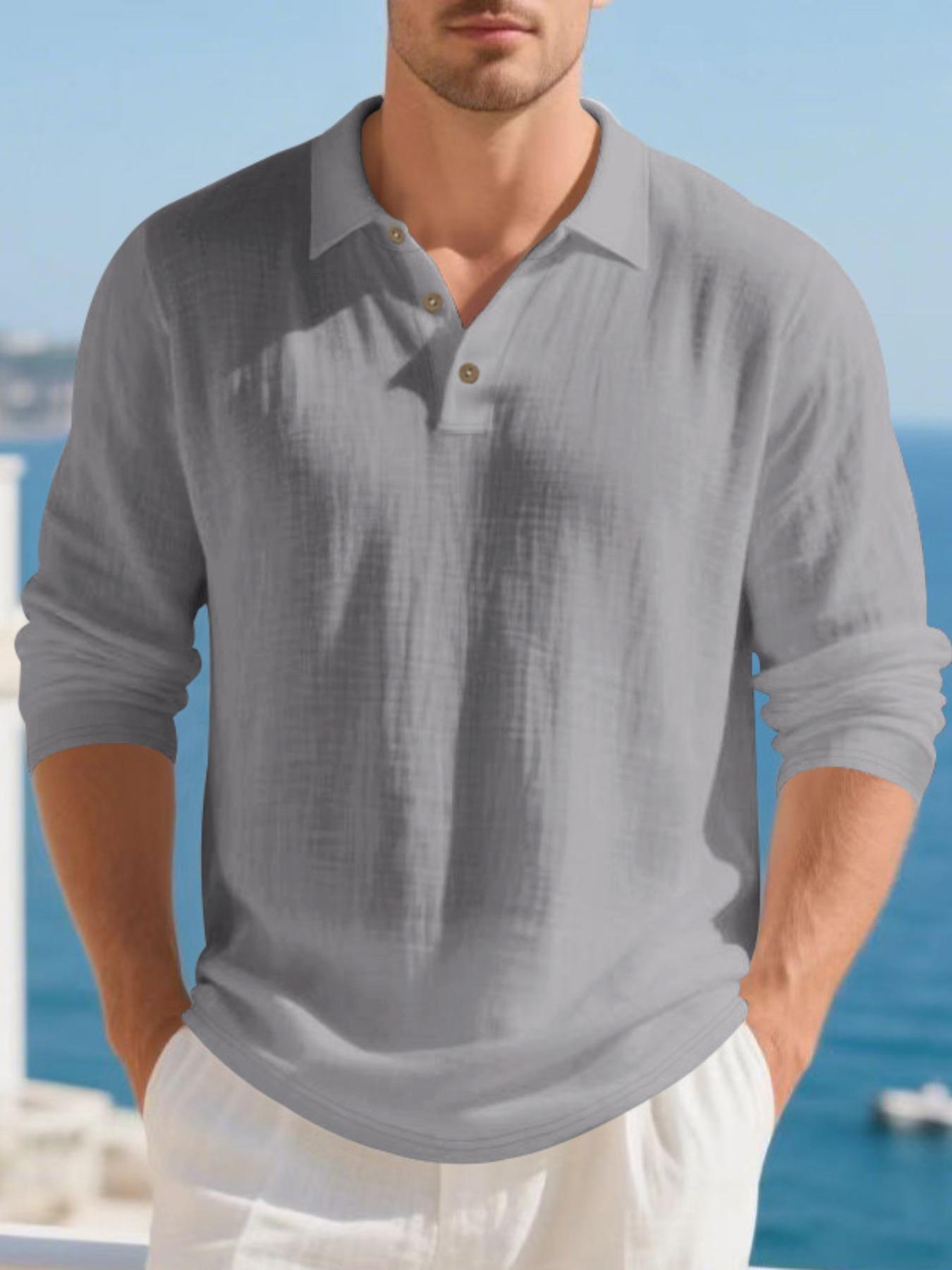 Men's Linen Long Sleeve Polo Shirt, Beach Vacation Style, Skin-Friendly Breathable Loose Fit, Casual Spring & Fall Wear, Menswear