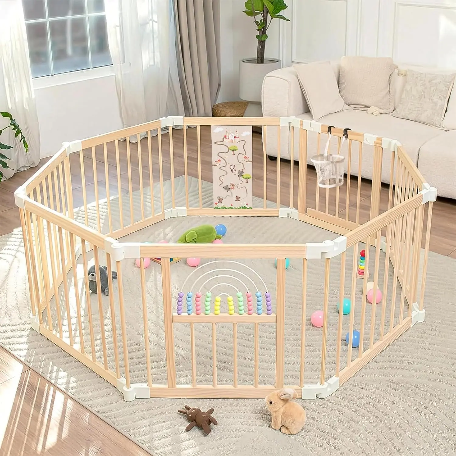 Wooden Baby Playpen with Montessori Toys, 8-Panel Foldable Wood Play Yard  Toddlers, 56"x56" Large Baby Fence with Safety Lock, CPC Certified Natural Pine Wood Activity Center