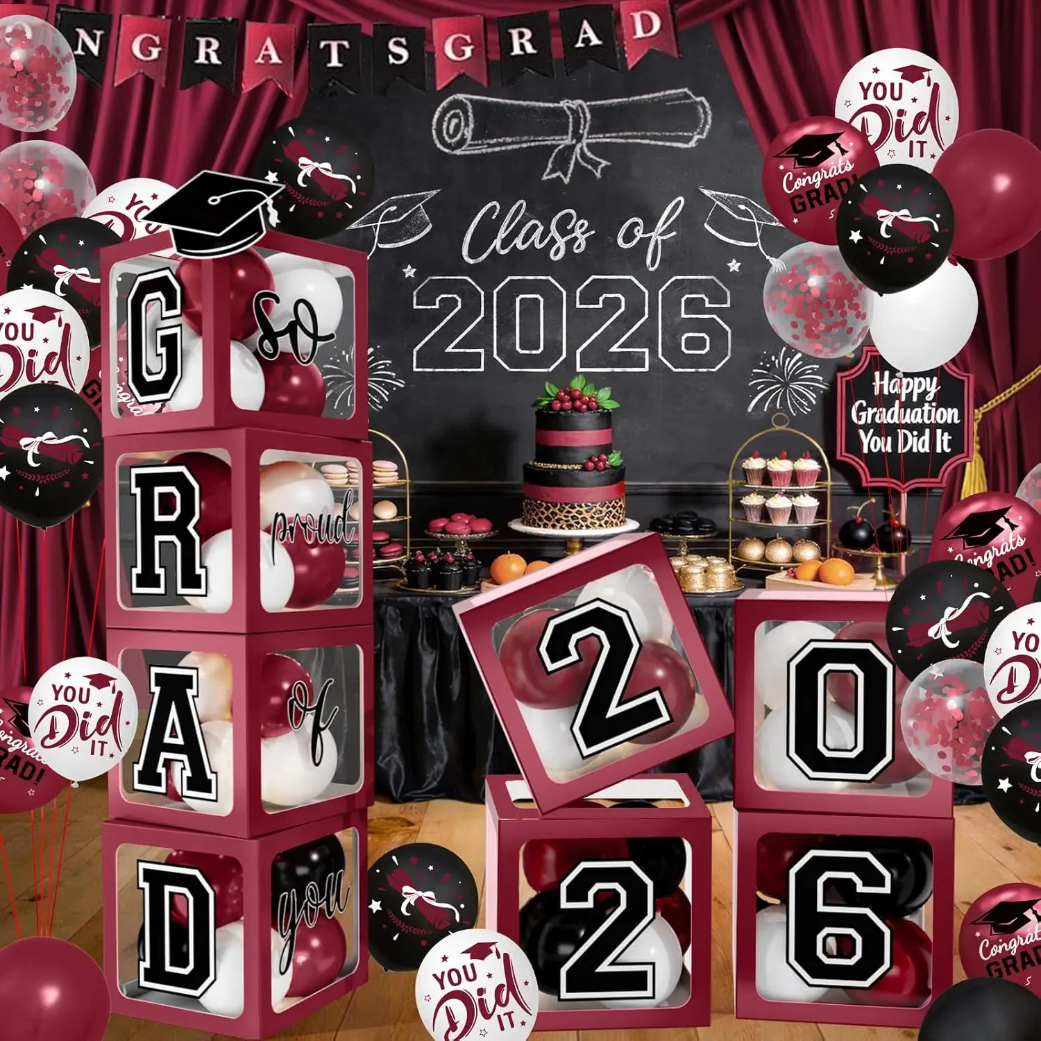 Graduation Decorations 2026, Maroon Balloon Box Set with 'GRAD' & 'So Proud of You' Letters, 66pc Black and White Party Supplies Kit for Class of 2026, Garland, Non Toxic, Balloon Garland Kit, 2026 Graduates