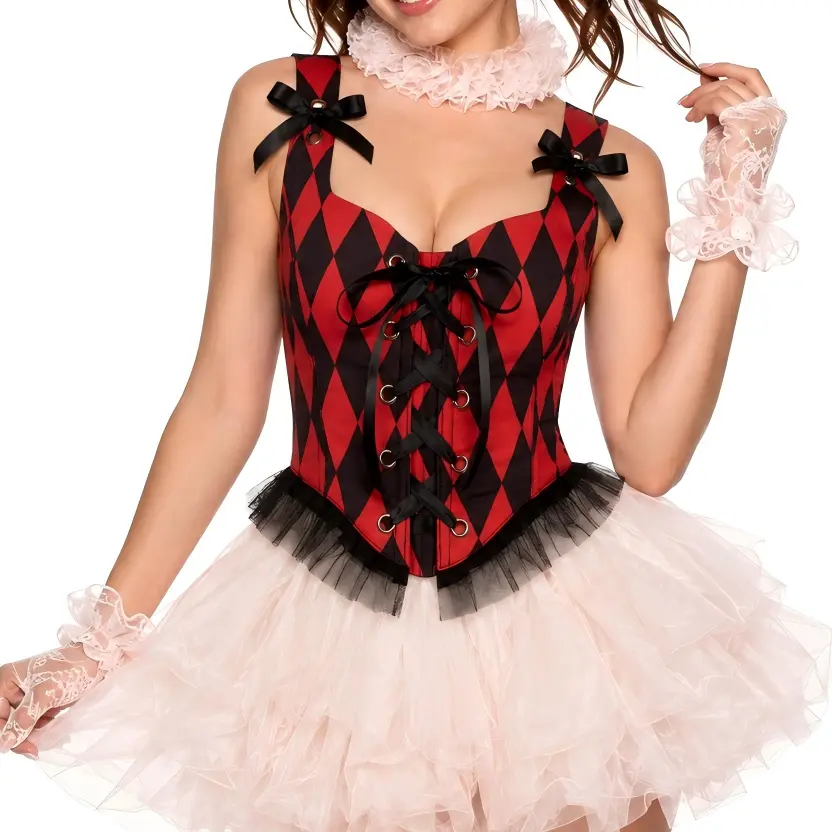 Harlequin Jester Corset Top for Women, Red & Black Diamond Print Lace-Up Front with Bow Shoulder Straps and Ruffle Hem, Halloween Costume Party Top