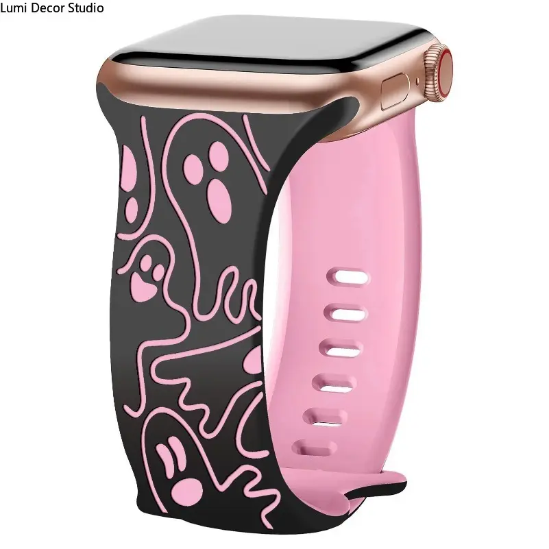 3D Laser Engraved Ghost Watch Band - Soft Silicone Adjustable Replacement Strap for Smartwatches, Halloween Looks and Daily Wear, Adjustable Strap, Ghost Pattern, Smartwatch Wear