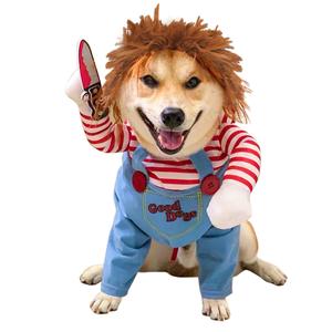 funny chucky dog costume with pet wig, cosplay scary outfit with knife, creative pet costume for small medium and large dogs cats puppy, halloween