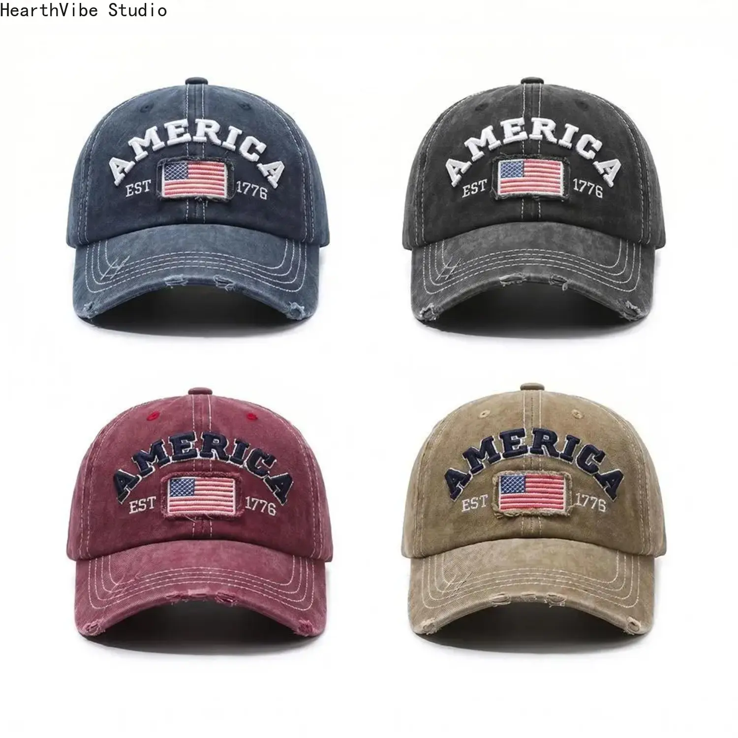 Unisex Trucker Hat - 1776 Patriotic USA Flag Patch, Vintage Washed Denim Americana Dad Hat, 4th of July Country Concerts Sports & Outdoor Baseball Headwear, Adults, Baseball Caps, Dad Hat Fit