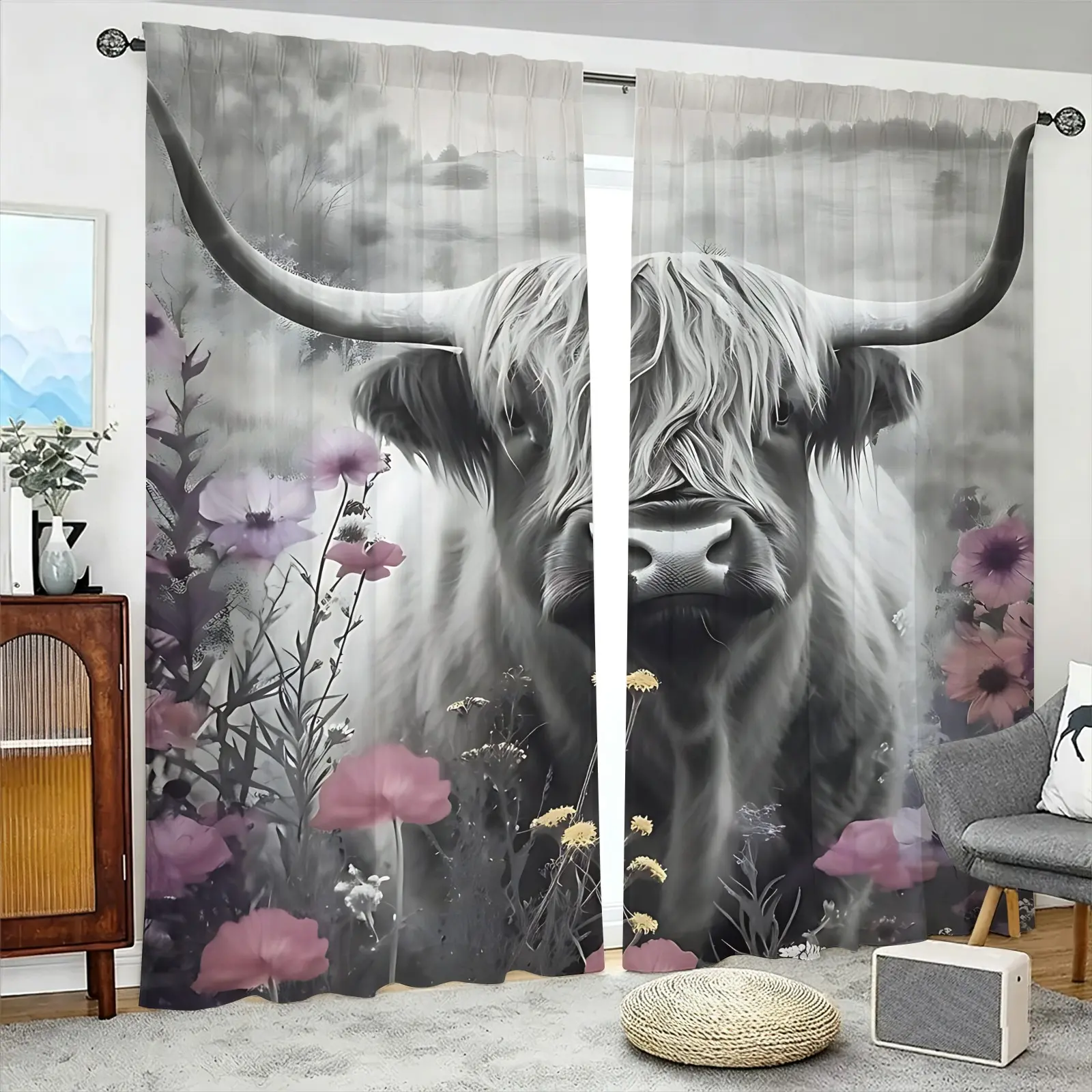 Set of 2 Brushed Fabric Curtains, Highland Cow Pink Wild Flower Digital Print Window Drapes, Semi-Transparent & Fade Resistant, Through Rod Hanging Design, Machine Washable, for Bedroom Living Room