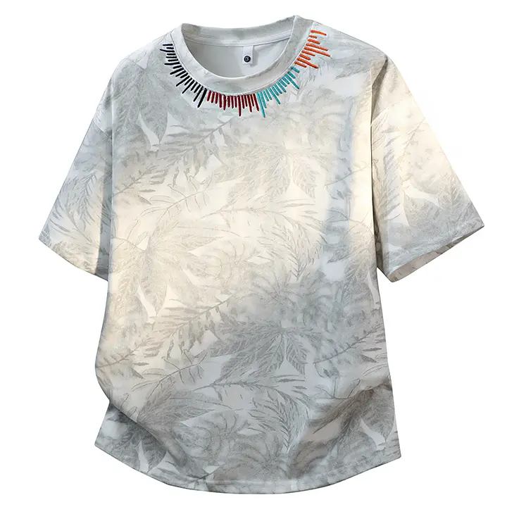 Men's Colorful Embroidered Maple Leaf Plant Print T-Shirt - Vintage Washed Cotton Crew Neck, Foldable, Machine Washable, Minimalist Casual American High Street Short Sleeve Top, Normal Type, Outdoors, Round, Graphic Tee, Cotton Blend, 2Xl