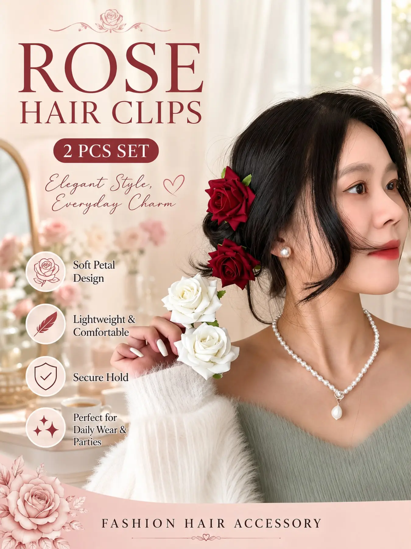 2PCS Rose Hair Clips for Women, Sweet Elegant Medium Hair Barrettes for Side Bangs, Half-Up Hairstyles and Back-of-Head Styling, Valentine’s Day and Daily Hair Accessories, Flower Hair Clip