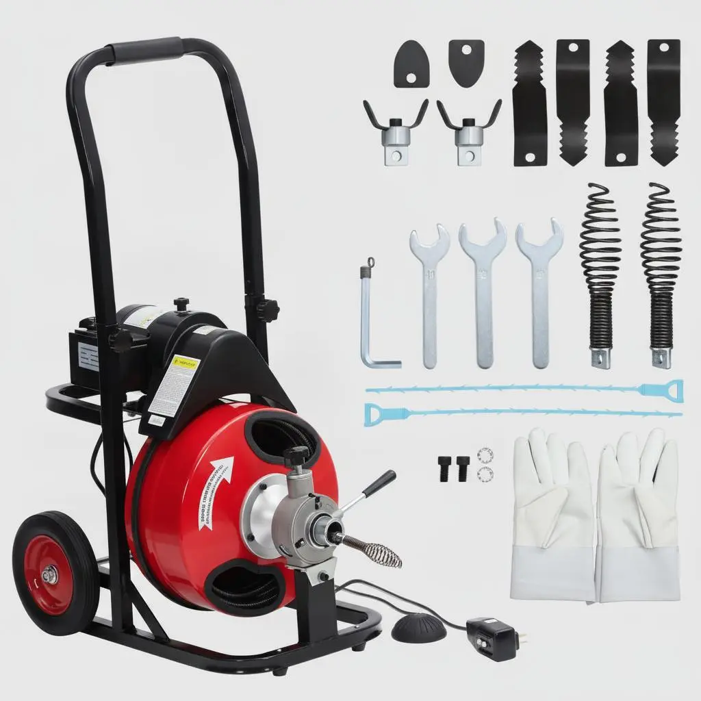 Garvee Electric Drain Cleaner Machine 100FT x 1/2" – 370W Auto-Feed Sewer Snake Auger – 8 Cutter Heads, Air-Activated Foot Pedal – Professional Pipe Cleaning Tool for 1"–4" Kitchen, Bathroom & Industrial Drains
