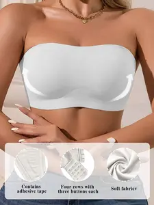 Seamless Non-Slip Strapless Bandeau Bra, W-Shaped Jelly Strip Support, Lift & Anti-Sag, Soft Breathable Fabric, Adjustable Back Hooks, Invisible Under Clothing, for Off-Shoulder Tops & Slip Dresses, Fit