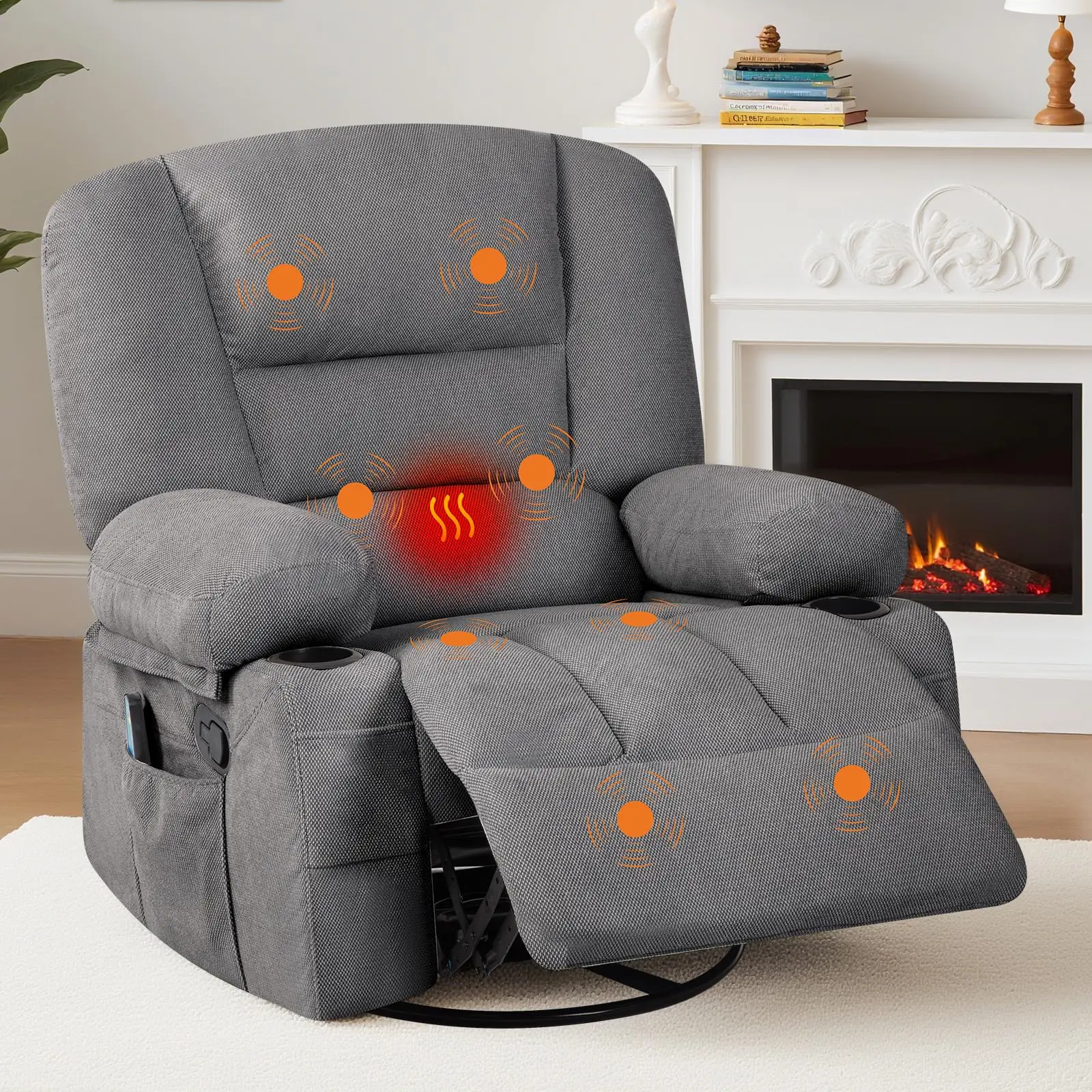 Garvee Extra Wide Swivel Rocker Recliner Chair - Chenille Fabric, 360° Swivel, Vibration Massage & Heating - Manual Oversized Recliner, Cup Holders, Storage - Soft Upholstered Single Sofa for Living Room & Bedroom