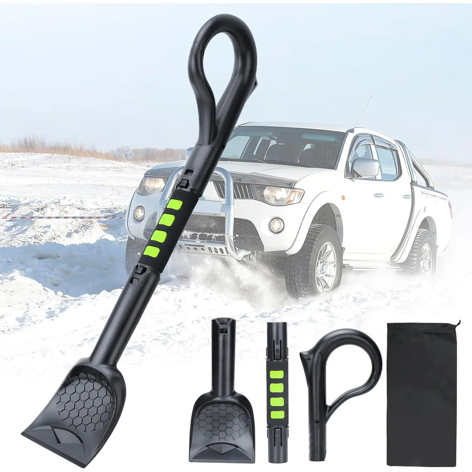 3-in-1 Ice Scraper for  Windshield,25.8 inch  Snow Shovel with 5.2inch Shovel ,Detachable Snow Scrapers with  Soft  Grip for , , SUVs, (Green)