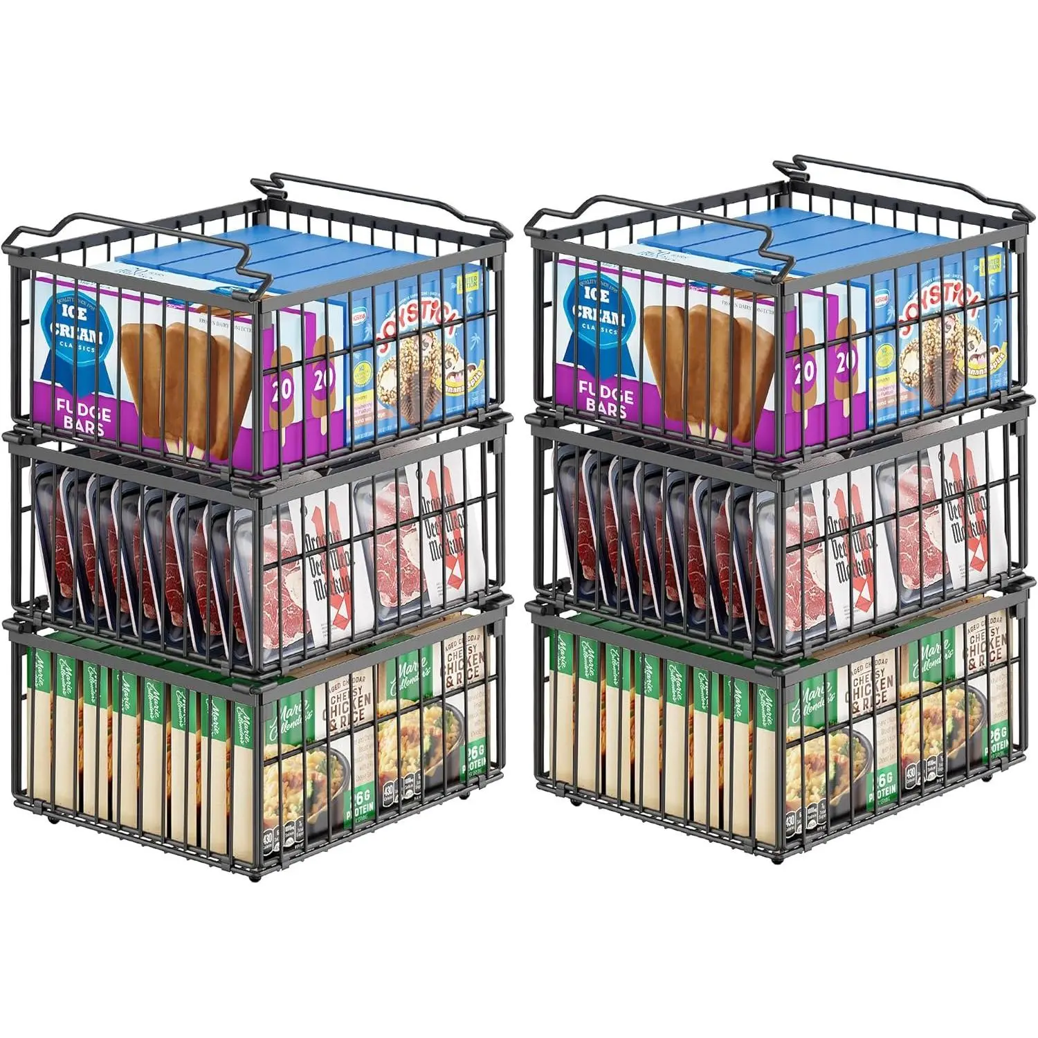 Freezer Organizer Bins, 6 Pack Big Stackable Deep Chest Freezer Organizer Bins, Foldable Baskets with Handles, Black Container Baskets for 5 to 9 Cu.FT Deep Freezer Sort Frozen Meats